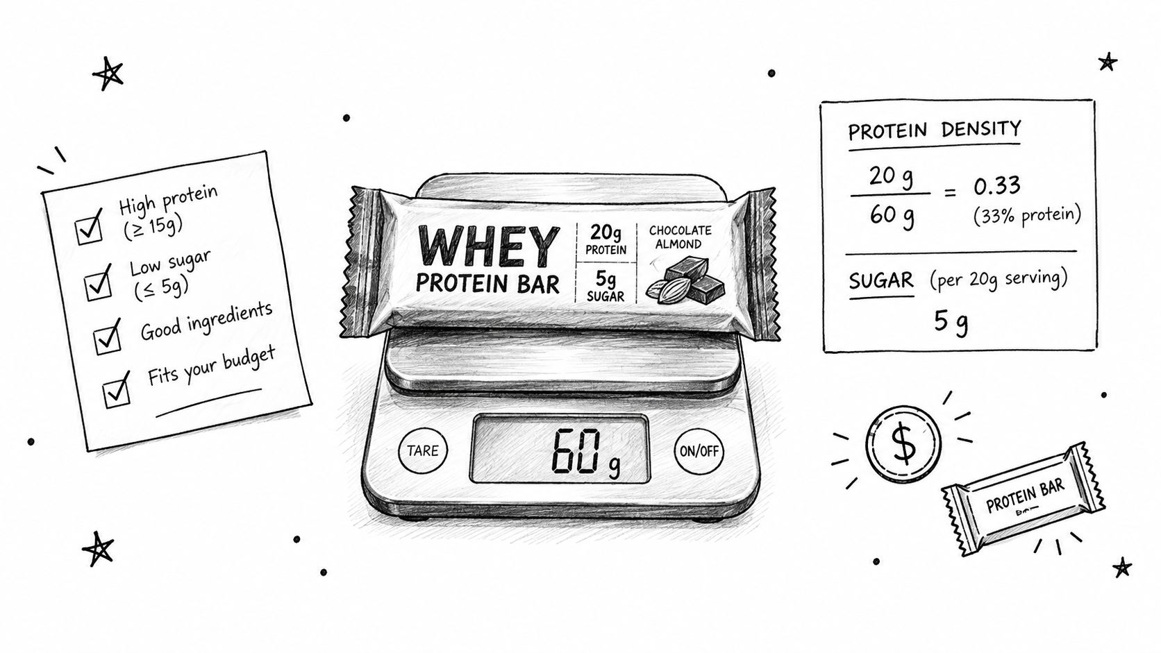 An illustrated checklist evaluating a whey protein bar on a kitchen scale showing nutritional content and budget.