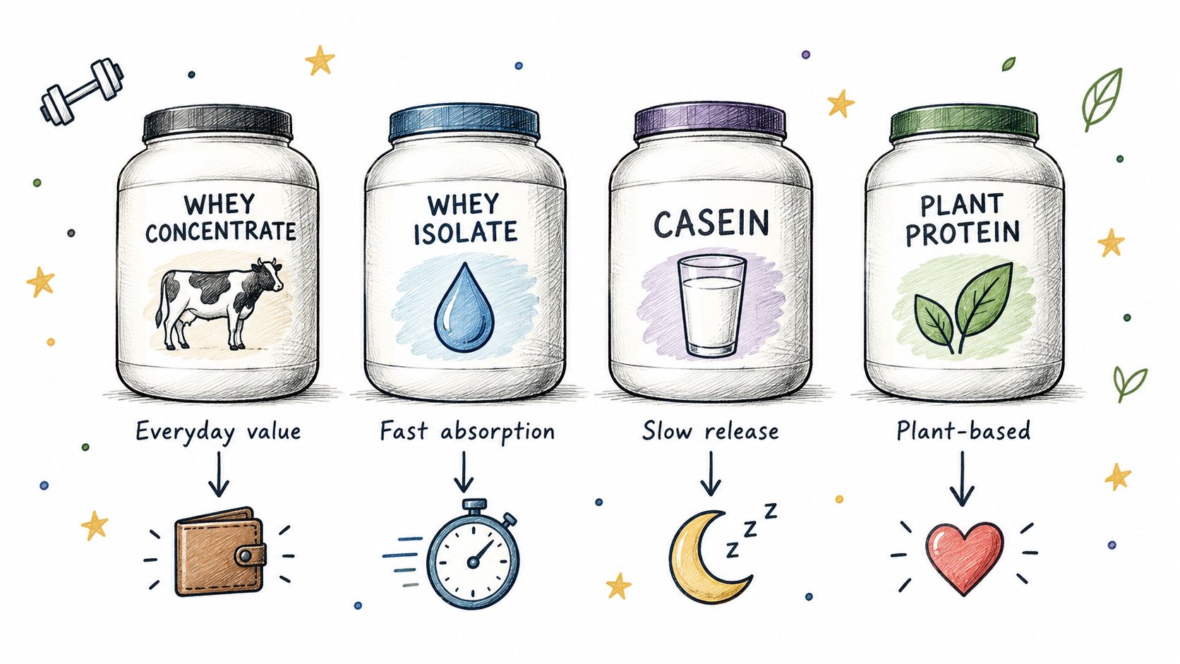 A diagram comparing four types of protein powder: Whey Concentrate, Whey Isolate, Casein, and Plant Protein.