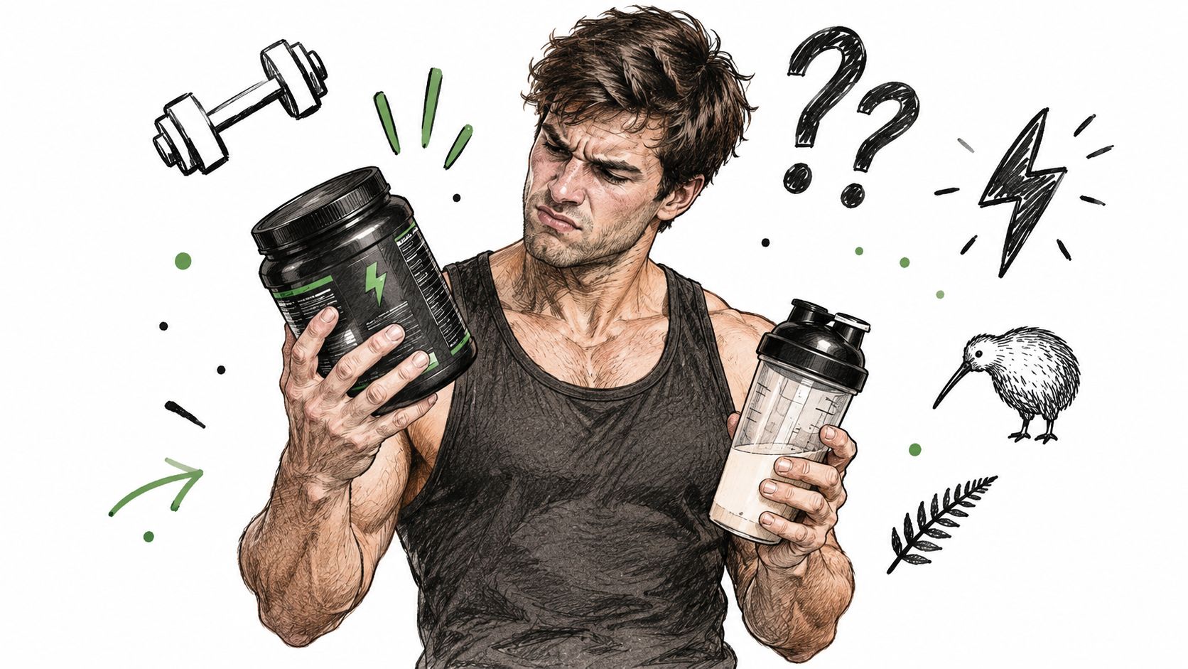A muscular man in a tank top looking confused at a pre-workout supplement container and protein shaker.