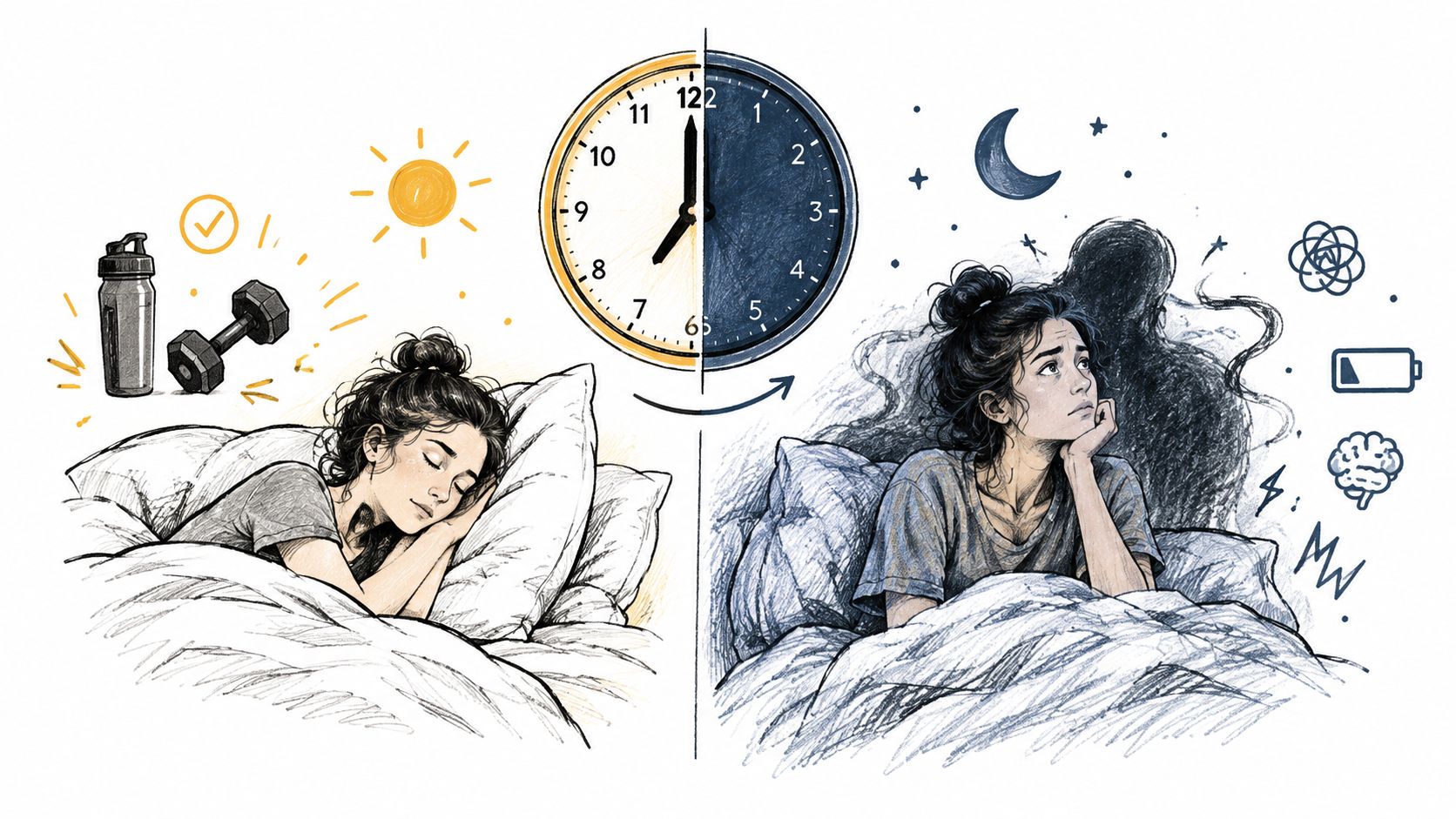 A split illustration comparing a restful morning routine with a restless, anxious night caused by pre-workout supplements.