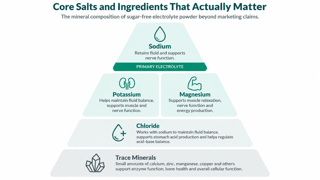 A diagram illustrating the hierarchy of essential electrolytes including sodium, potassium, magnesium, chloride, and trace minerals.