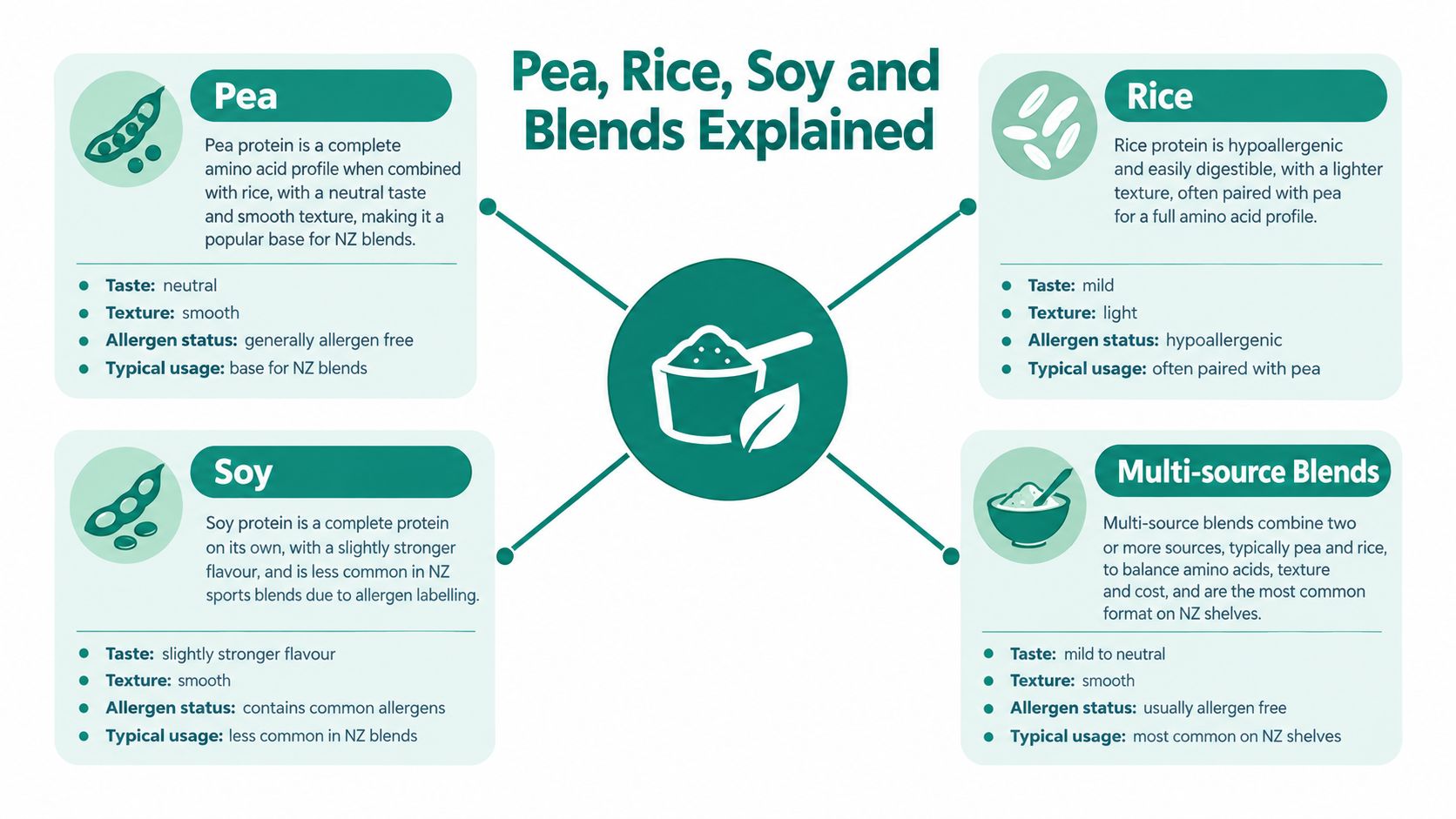 An infographic detailing the characteristics, textures, and common allergen status of pea, rice, and soy protein powders.