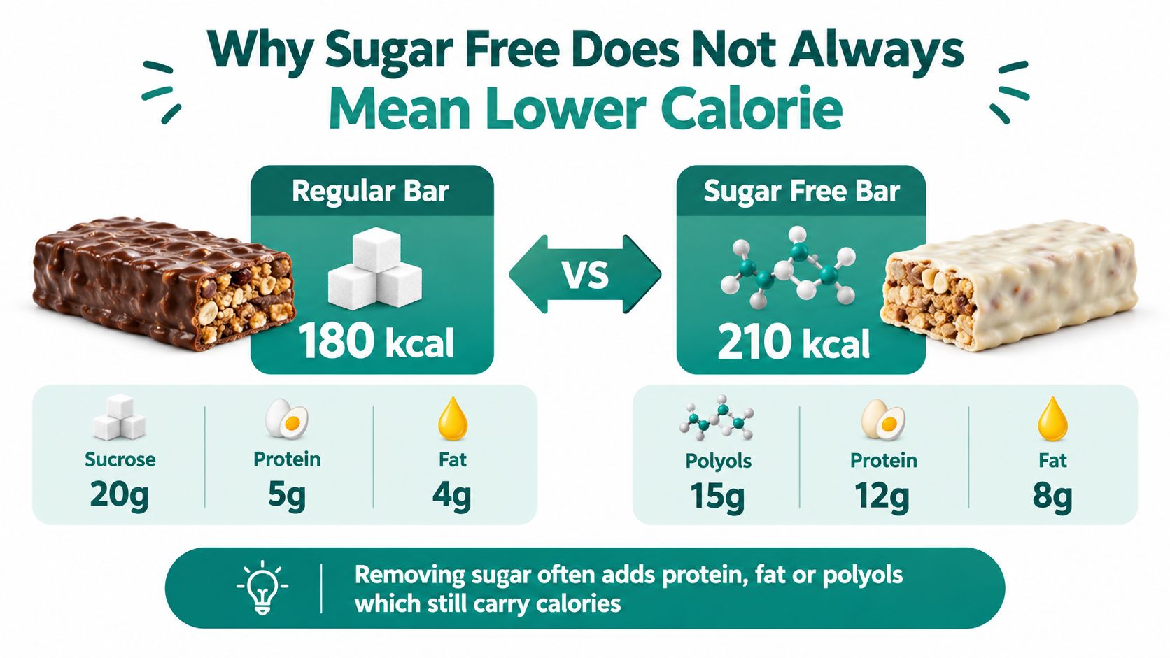 An infographic comparing the calorie and nutrient content of a regular chocolate bar versus a sugar-free bar.