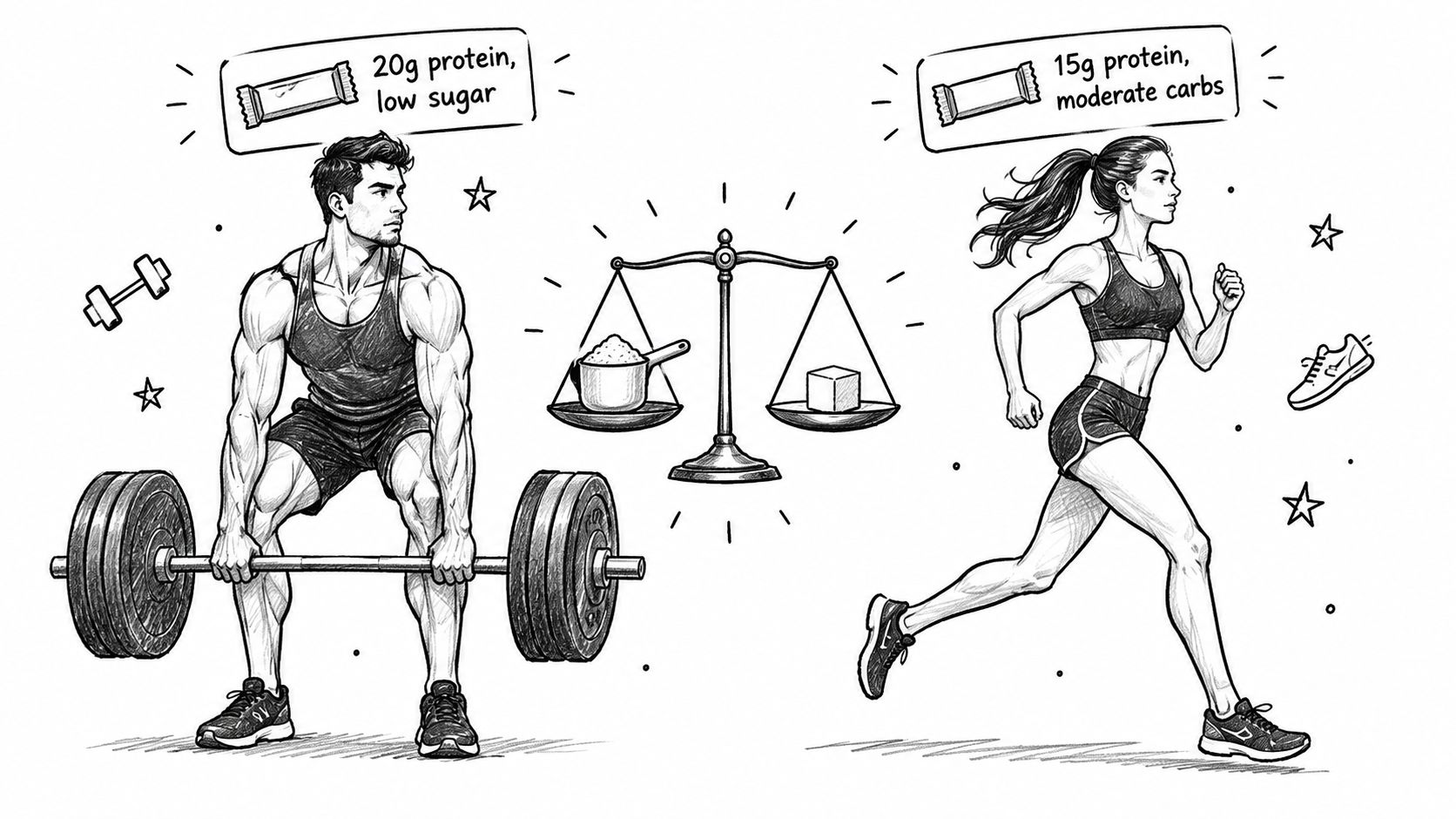 A black and white drawing showing a man lifting weights and a woman running with protein bars.