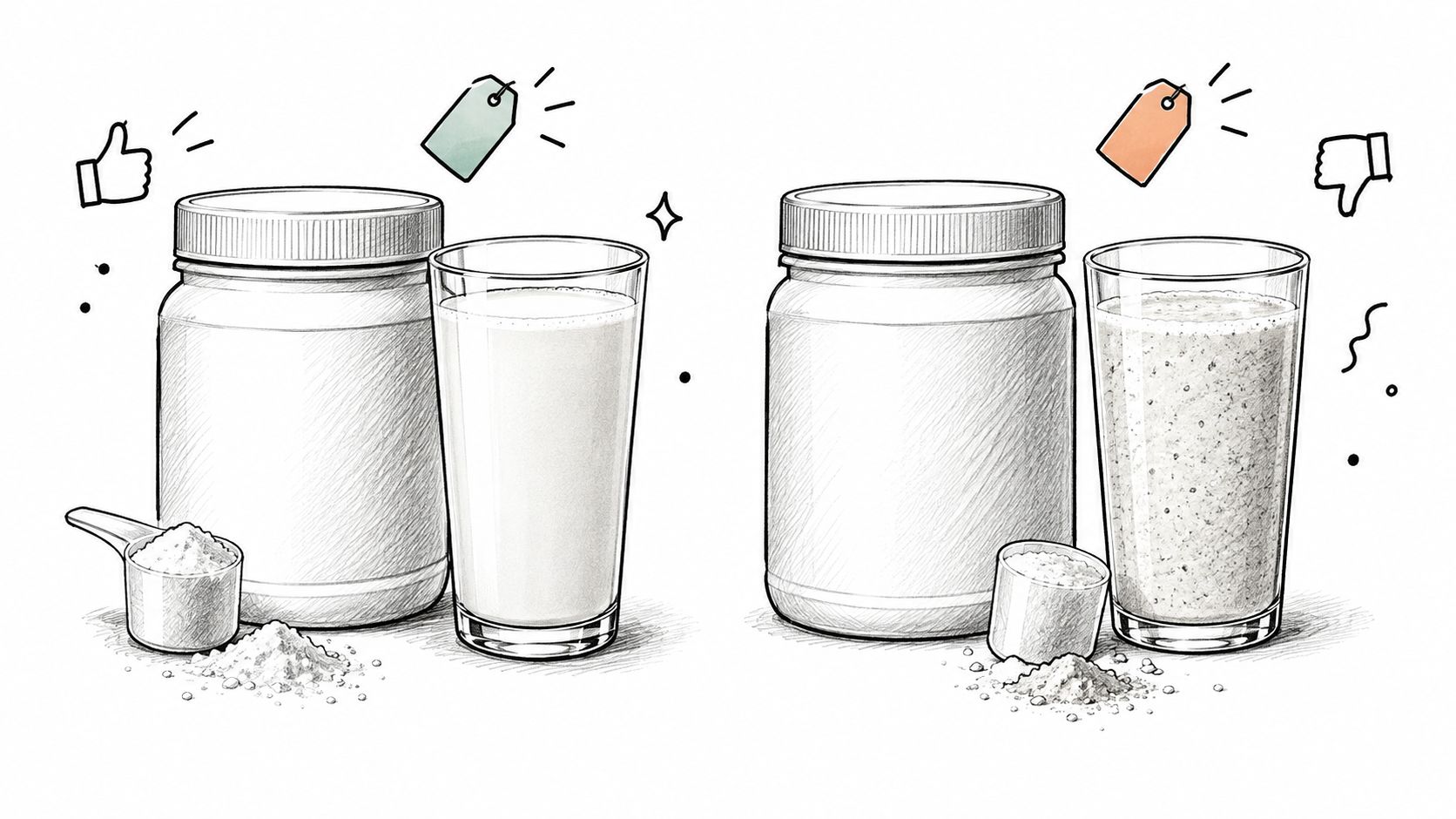 A pencil sketch comparing smooth, high-quality supplement powder mixed into a drink versus poor-quality, clumpy powder.