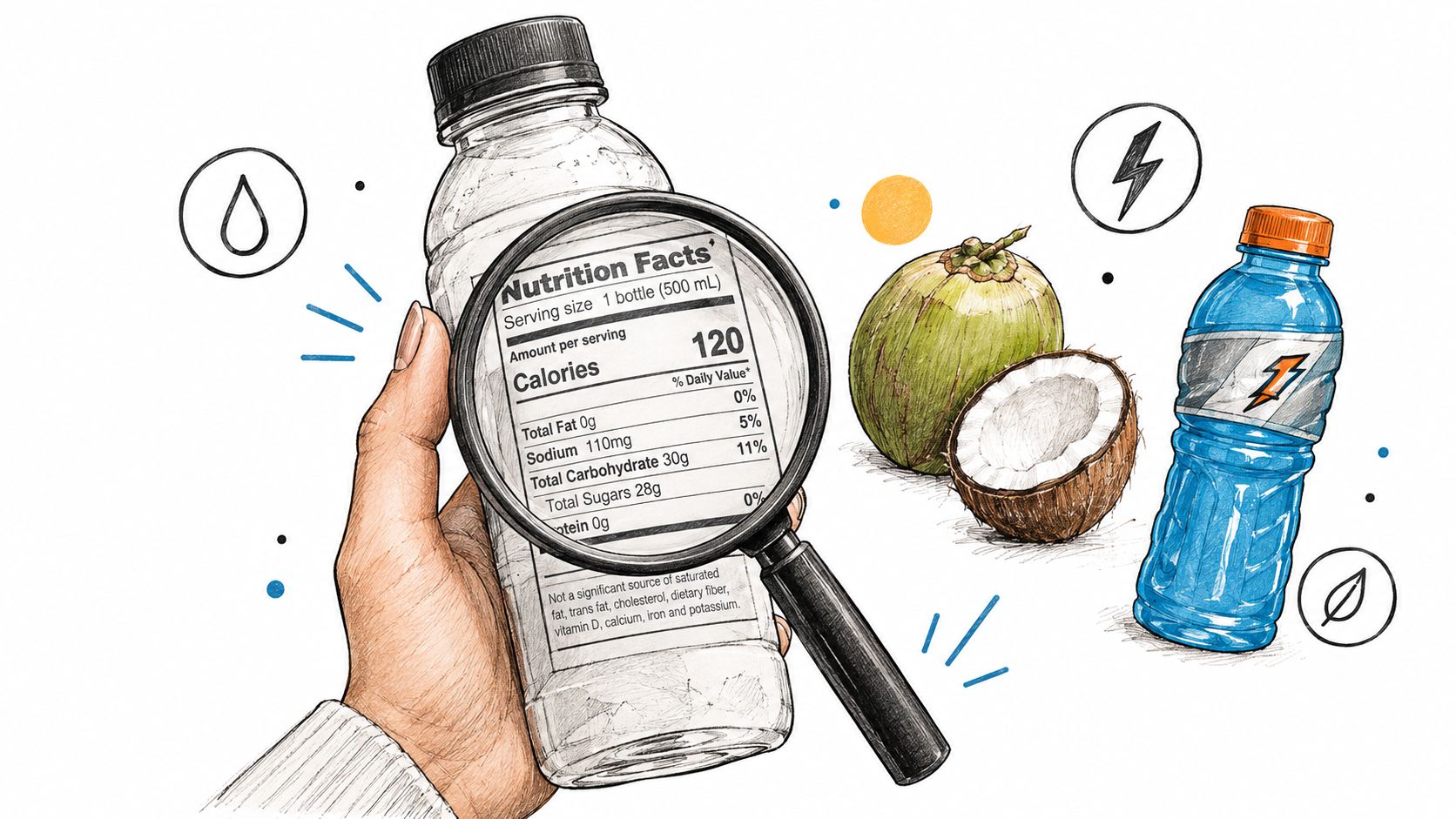 A hand holds a magnifying glass over a nutrition label on a clear drink bottle next to a coconut.