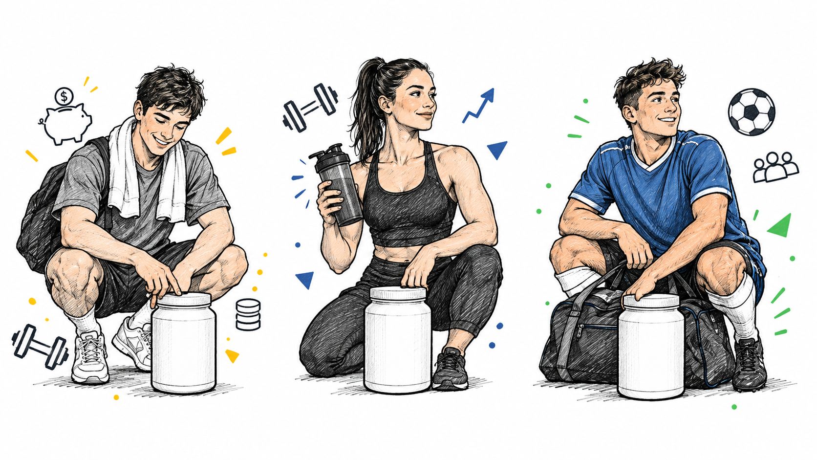 A digital illustration featuring three active individuals with fitness equipment and supplement powder containers on a white background.