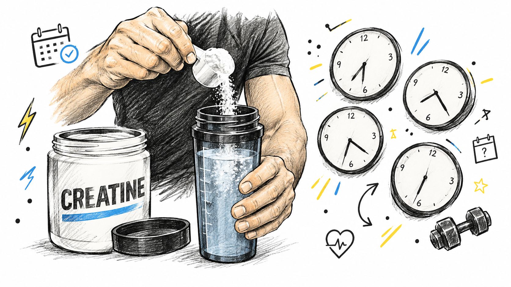 A person preparing a protein shake with creatine powder, surrounded by clocks suggesting timing importance.