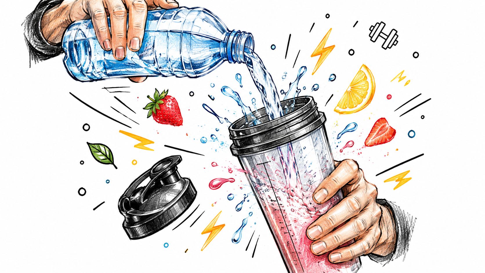 A hand pouring water from a plastic bottle into a shaker cup containing a pre-workout fruit drink.