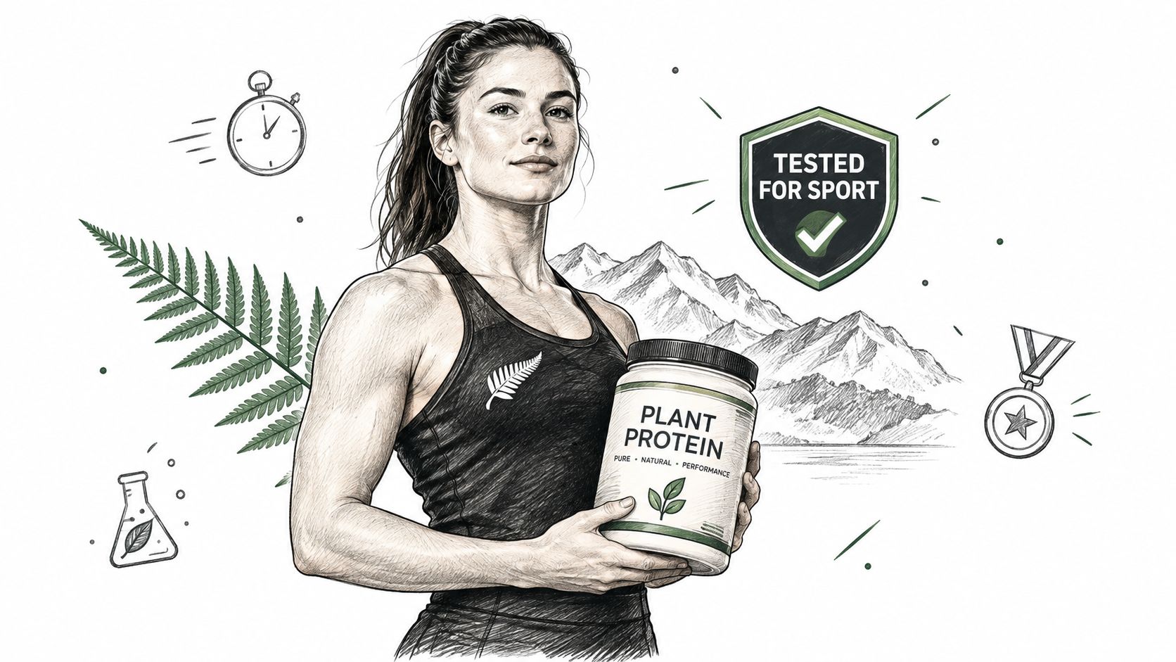 A fit woman holding a container of plant protein powder in front of a New Zealand mountain landscape.