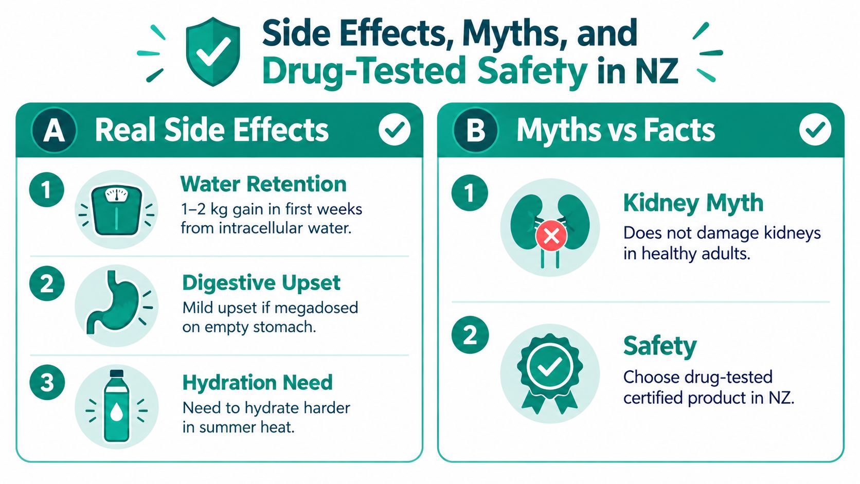An infographic titled Side Effects, Myths, and Drug-Tested Safety in NZ, detailing creatine side effects and safety facts.