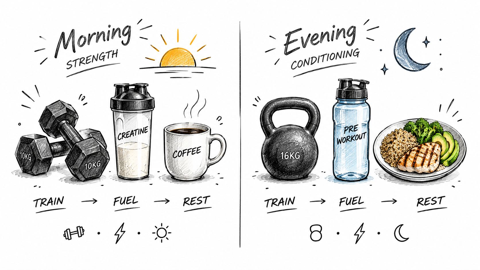 A dual-column infographic comparing morning strength training with creatine and coffee versus evening conditioning with pre-workout and healthy food.