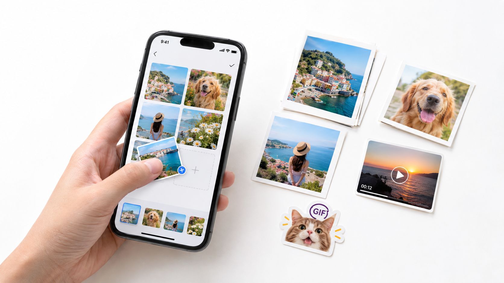 A person holding a smartphone showing a photo collage app with physical photo prints nearby.