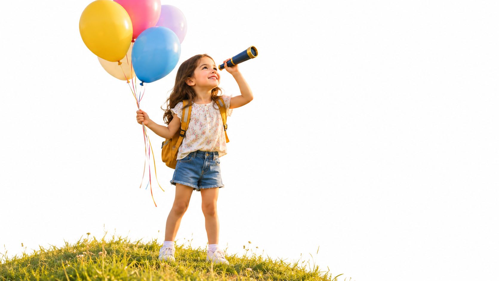 A joyful young girl with a backpack holding colourful balloons while looking through a telescope outdoors.