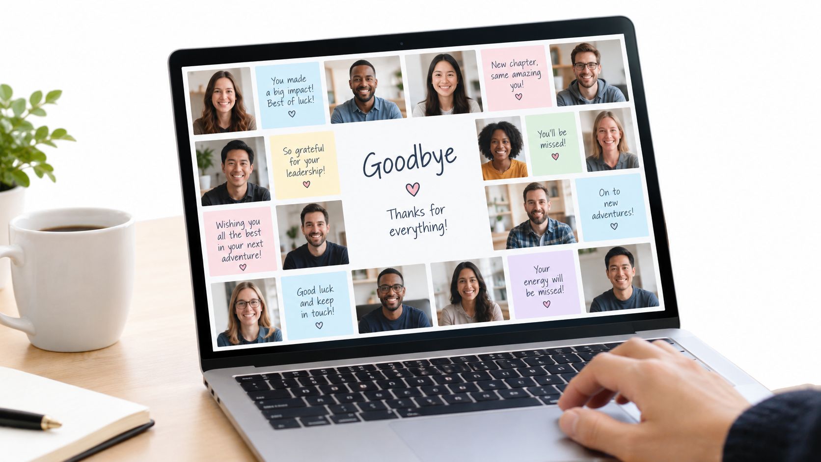 A laptop screen displaying a digital goodbye card with photos and farewell messages from colleagues.