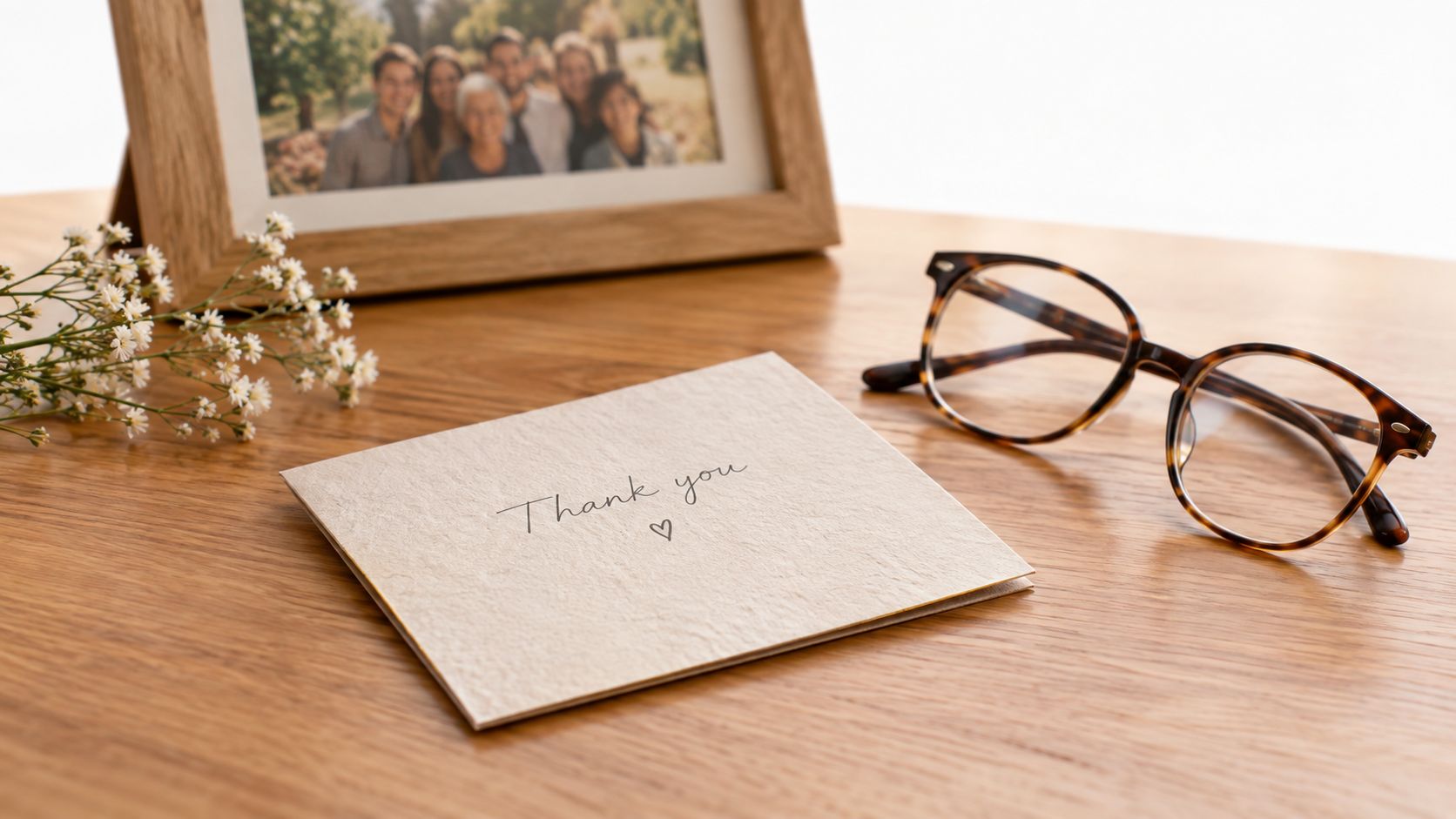 A thank you card, a picture frame with family photos, and eyeglasses on a wooden table.