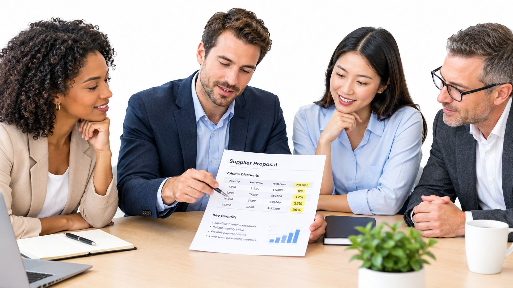 A professional business team discussing a supplier proposal document with volume discounts at an office meeting table.