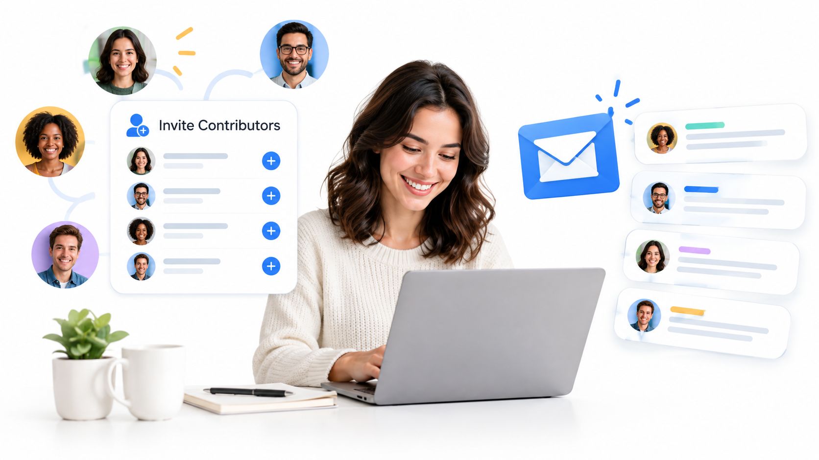 A smiling woman using a laptop to collaborate with a team via a digital email interface.