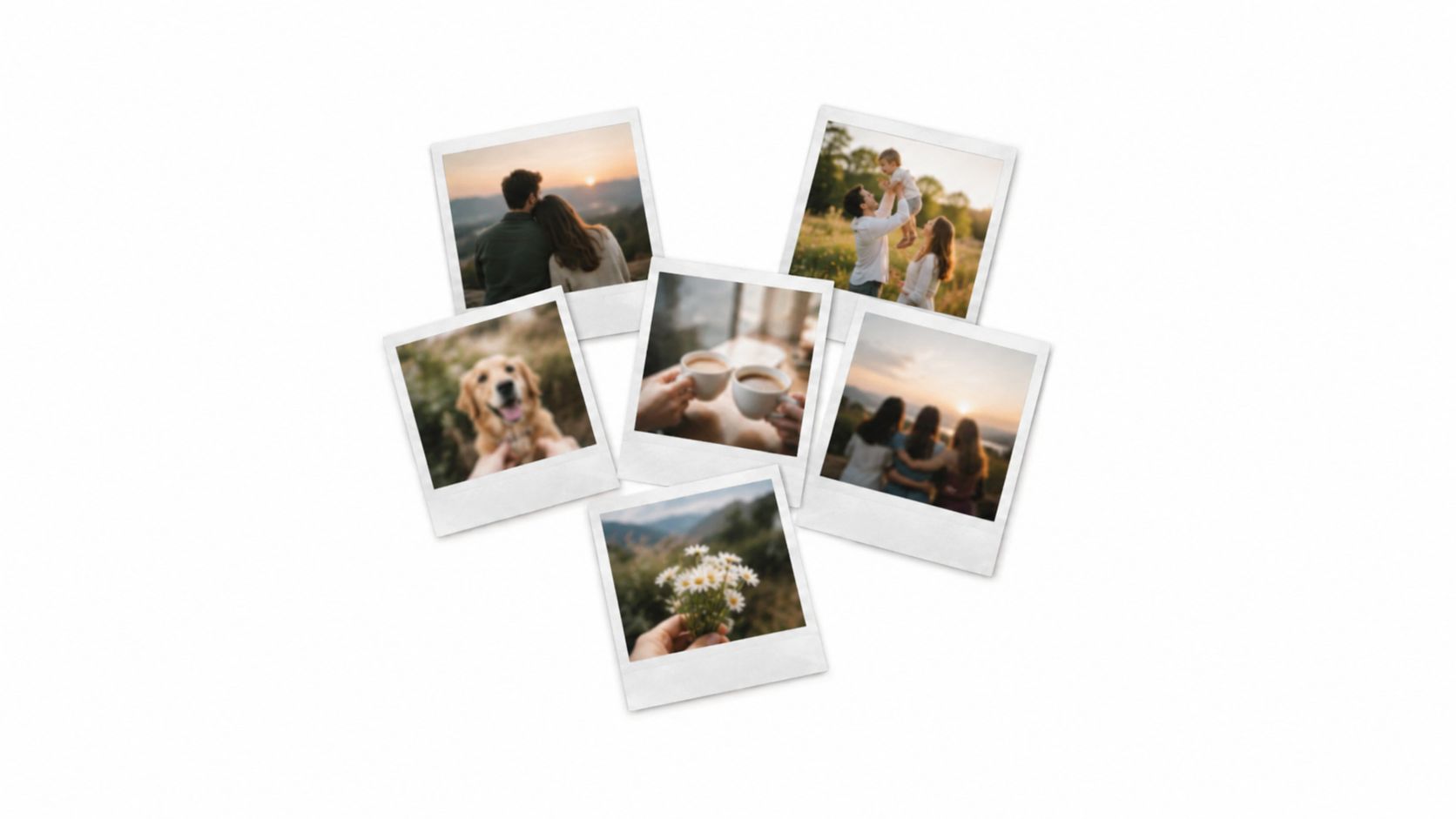 A collage of six polaroid-style photographs displaying happy moments including couples, a dog, coffee, and flowers.