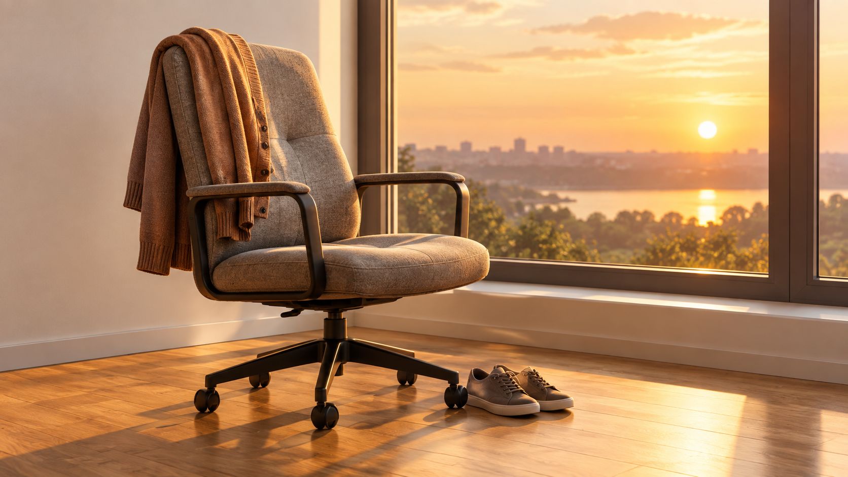 A cozy office chair with a draped sweater sits near a sunny window overlooking a city skyline.