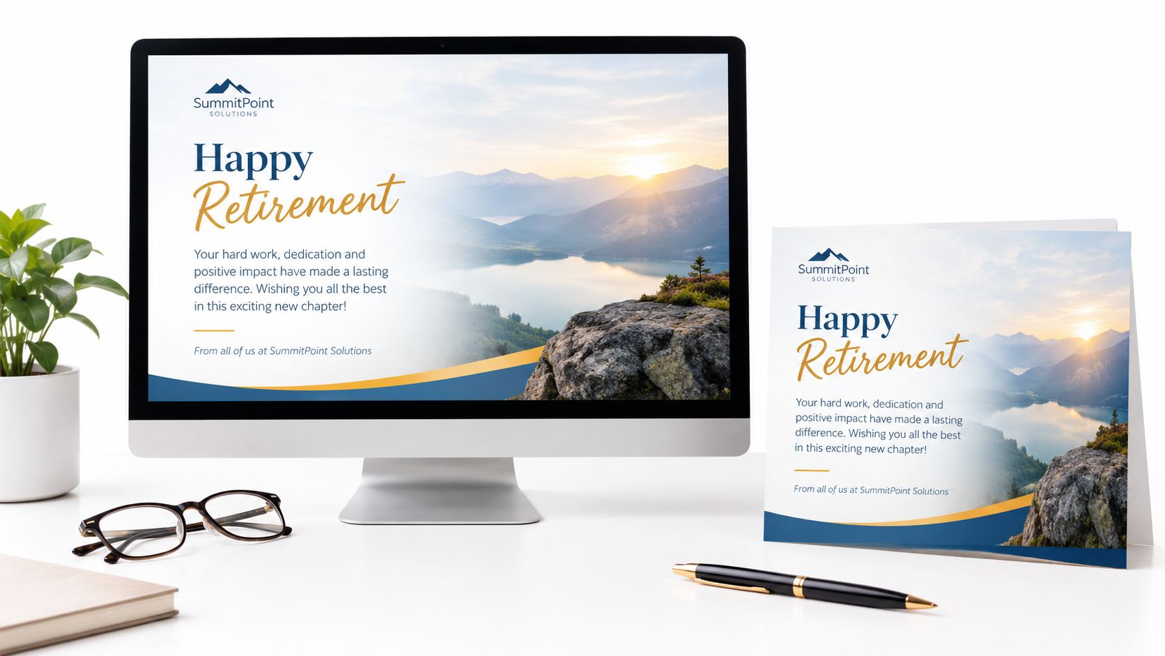 A computer screen and a printed card displaying a retirement message with a mountain landscape background.
