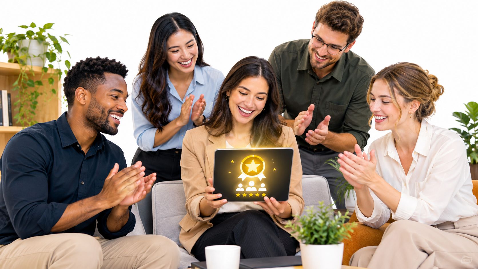 A diverse team of colleagues happily applauding while looking at a glowing customer review on a tablet.