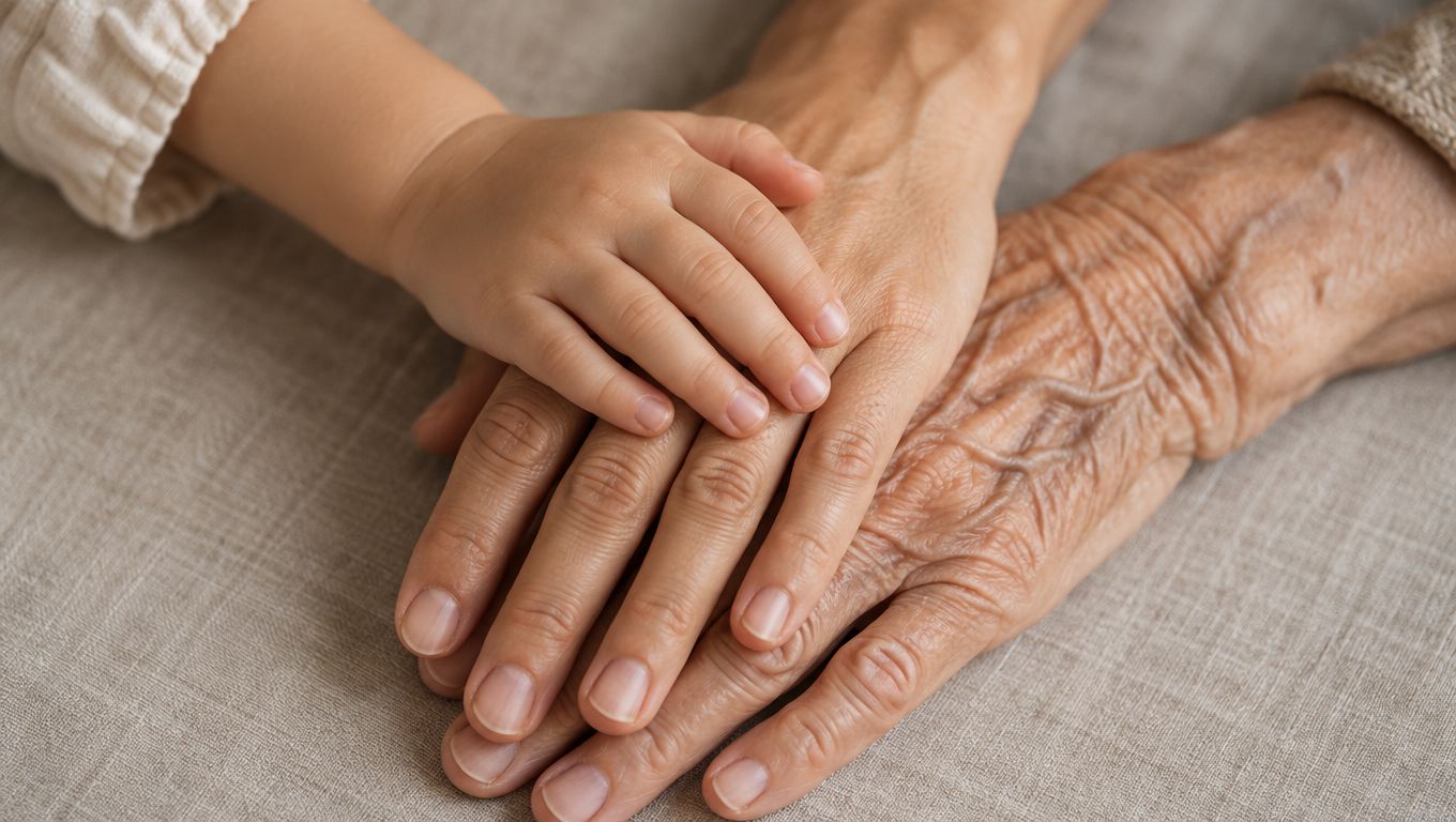 A small child's hand gently resting on top of an elderly person's wrinkled hand for support