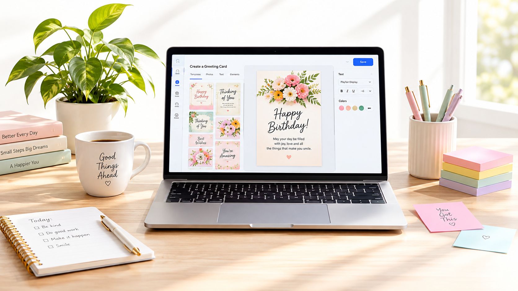 A laptop on a wooden desk displaying a greeting card design next to a plant and coffee.