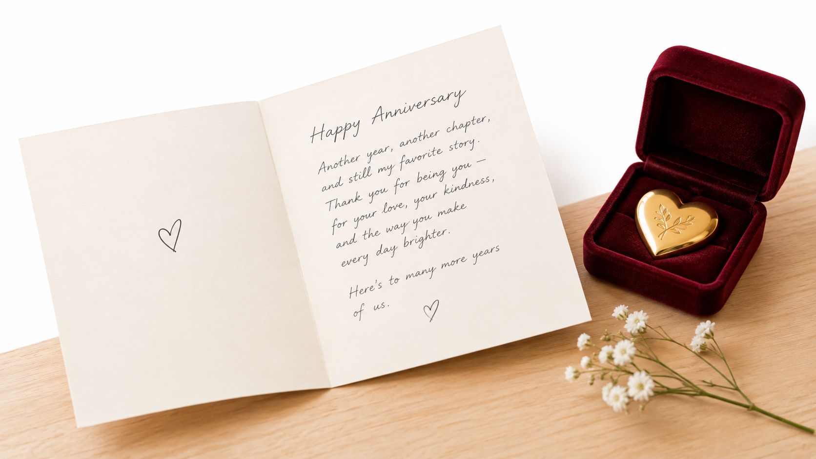 An anniversary card with a heartfelt message resting next to a gold heart in a velvet box.