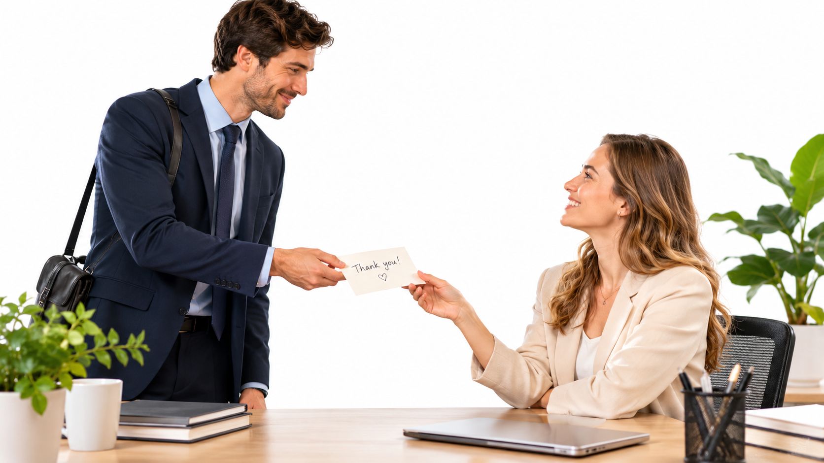 A professional man handing a 'Thank you!' note to a smiling female colleague at an office desk.