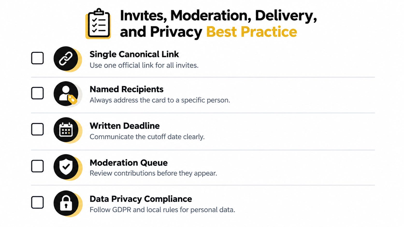 A checklist infographic titled Invites, Moderation, Delivery, and Privacy Best Practice for virtual group greeting cards.