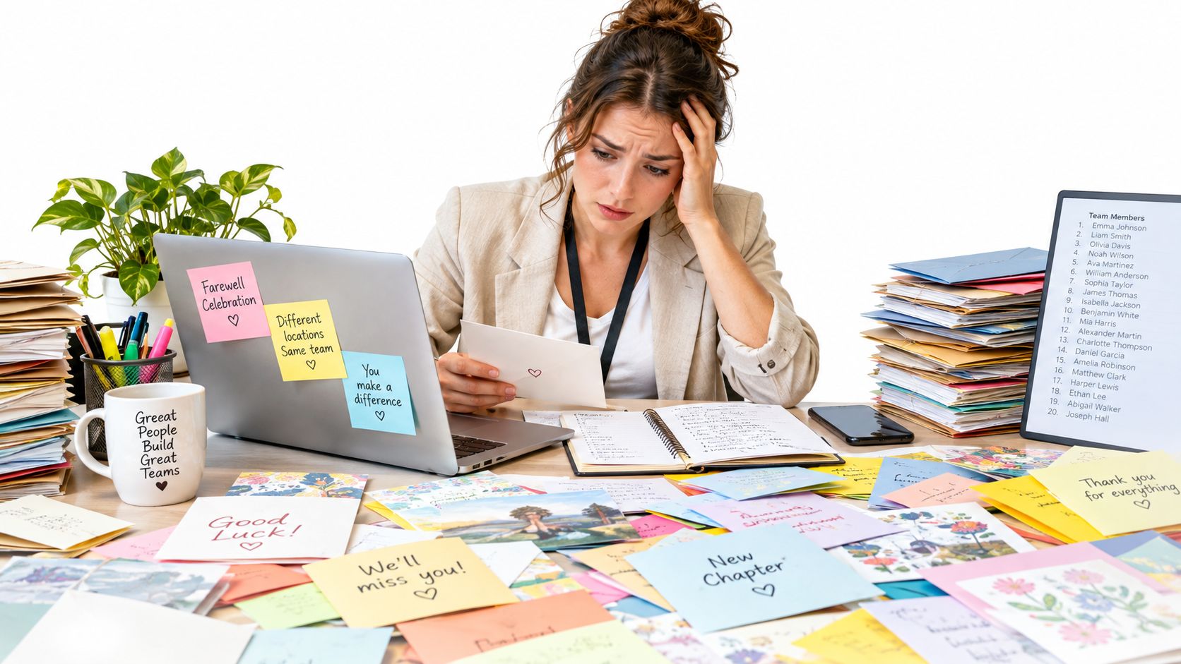 A stressed woman sitting at a desk overflowing with farewell cards and papers in an office setting.
