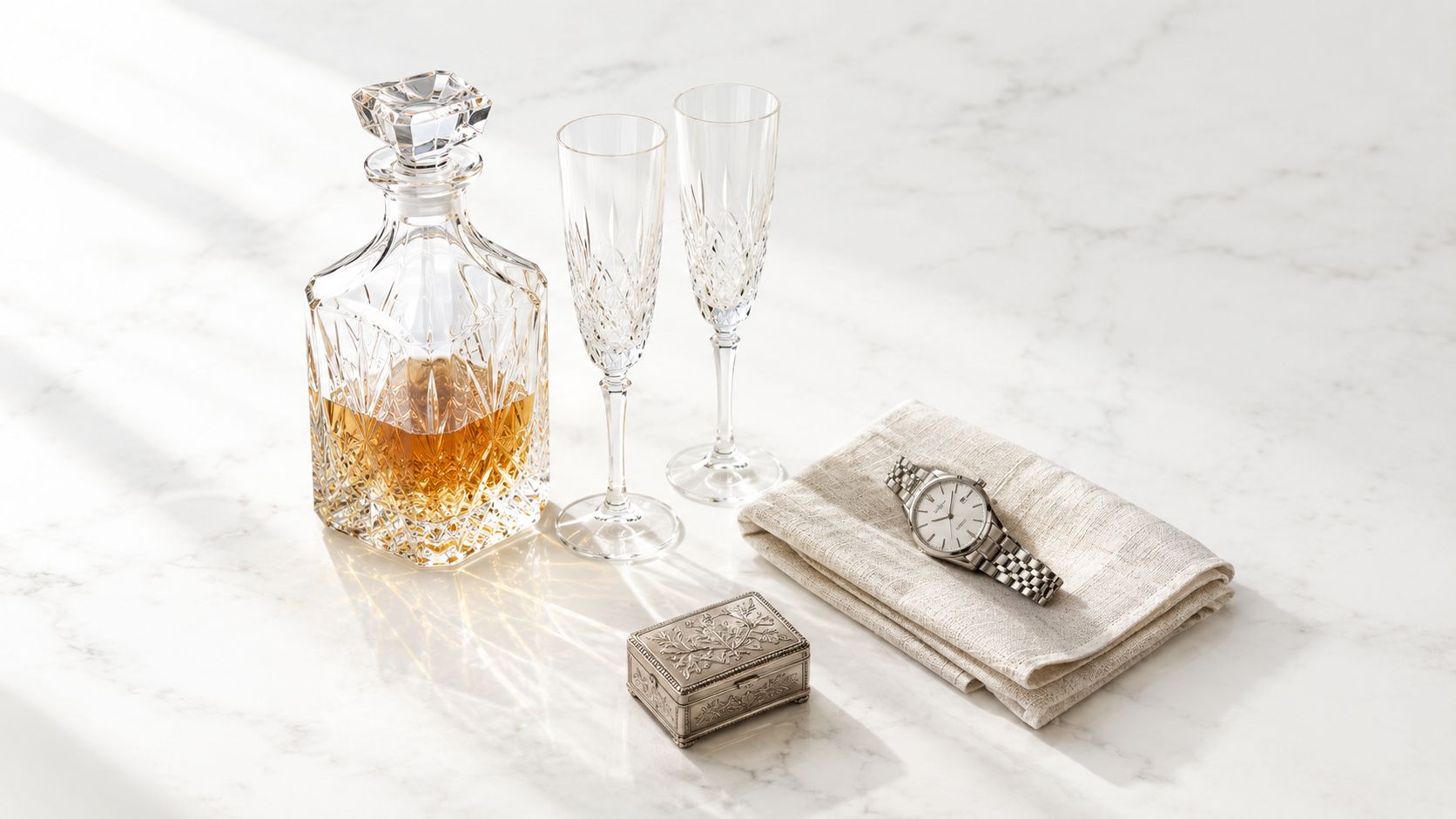 A crystal decanter, two champagne flutes, an antique silver box, and a wristwatch on a linen napkin.