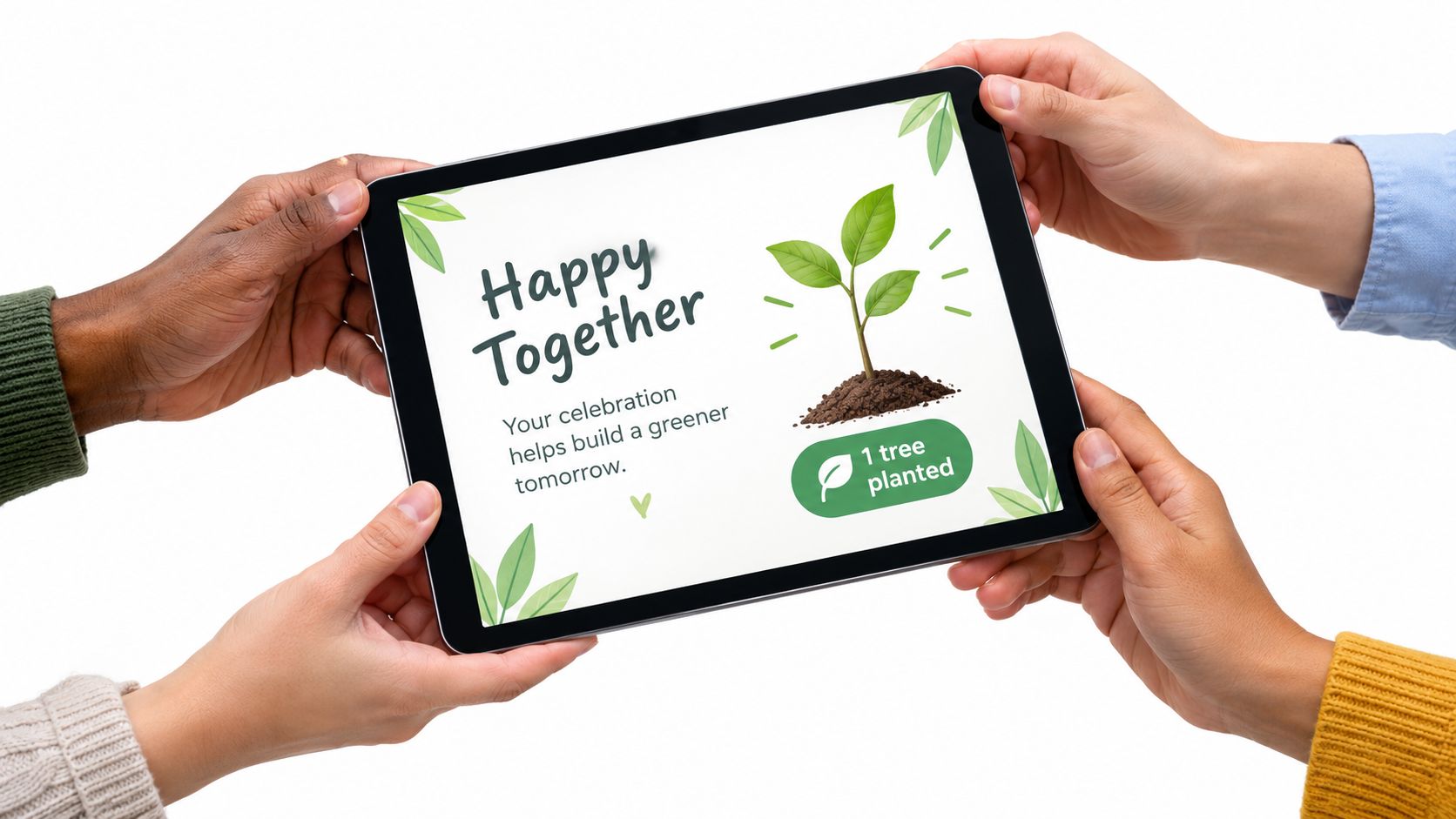 Four diverse hands holding a digital tablet displaying a message about planting a tree for sustainability.