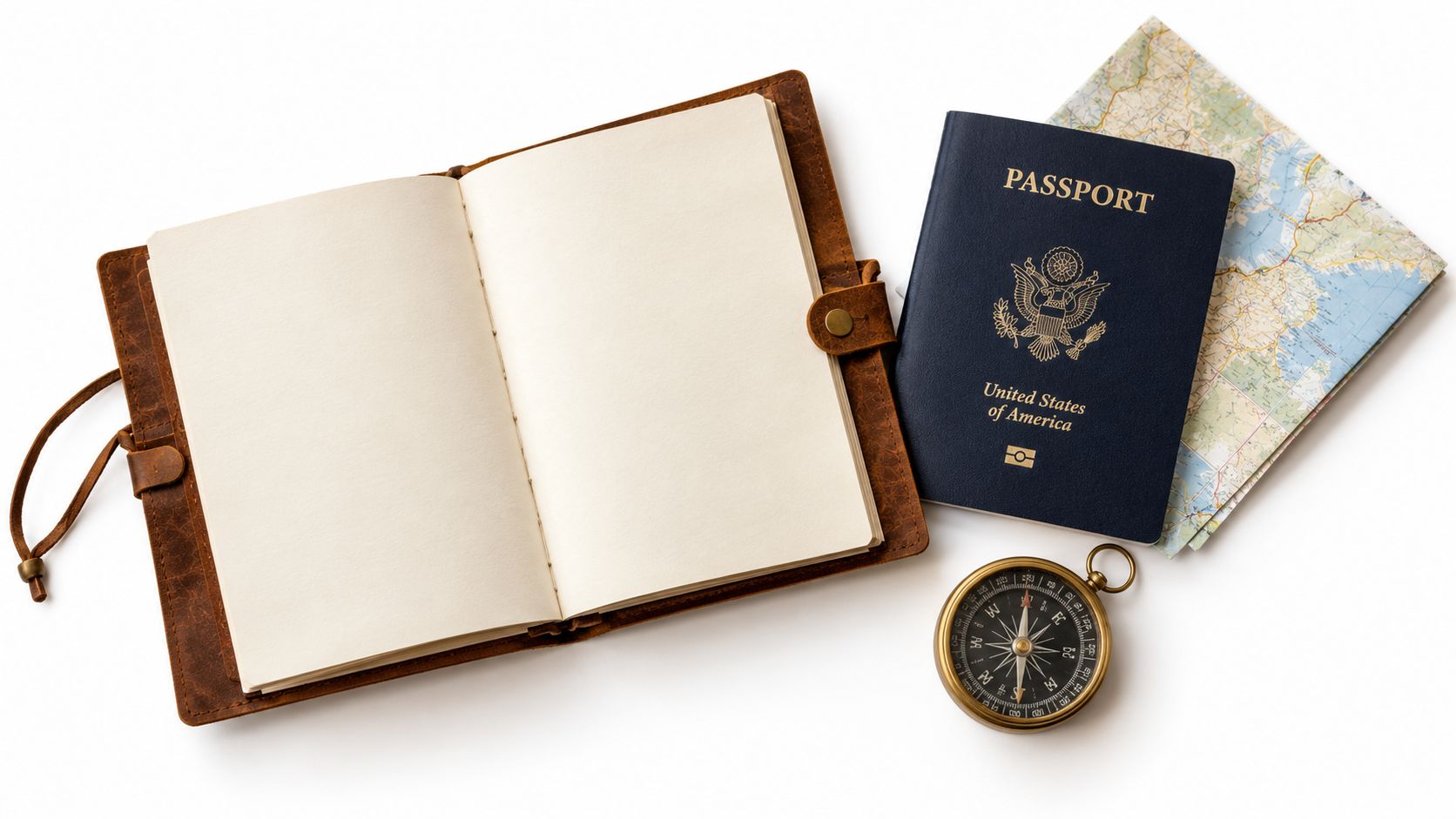 A leather journal, a US passport, a folded map, and a vintage compass on white background.