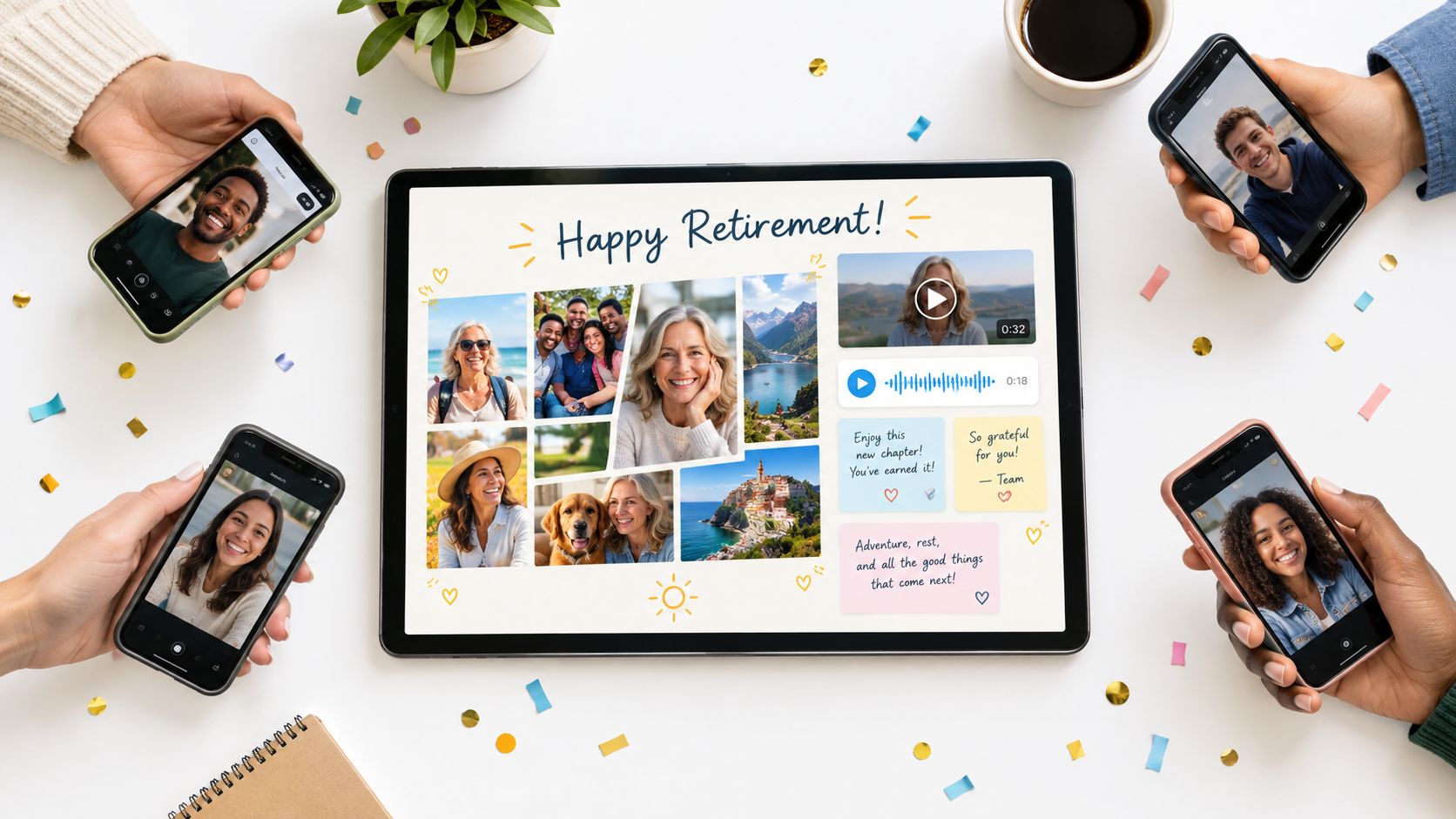 A digital tablet displaying a retirement card surrounded by four smartphones held by hands, on a desk.