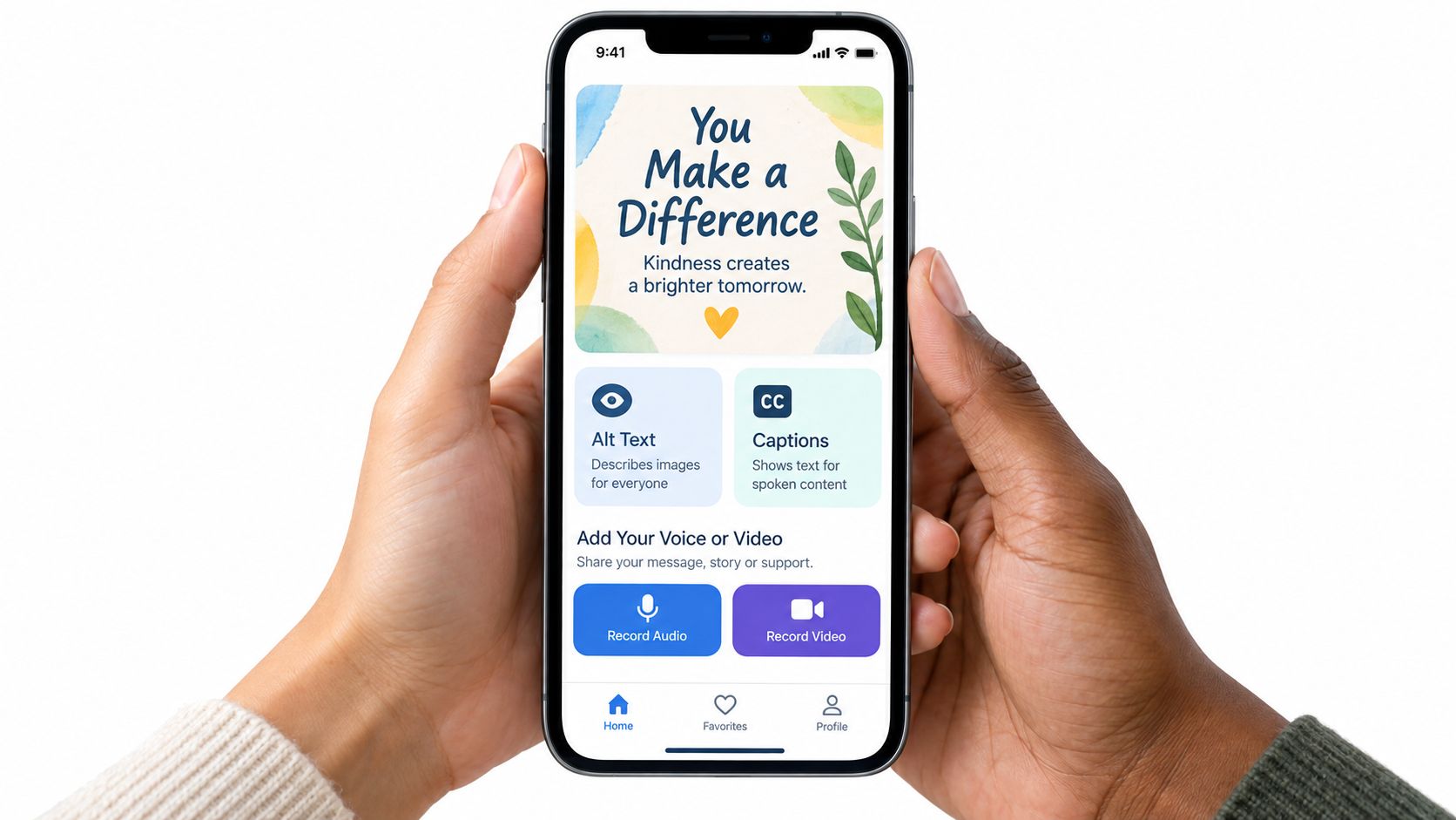 Two hands holding a smartphone displaying an accessibility-focused mobile app interface with voice and video recording options.