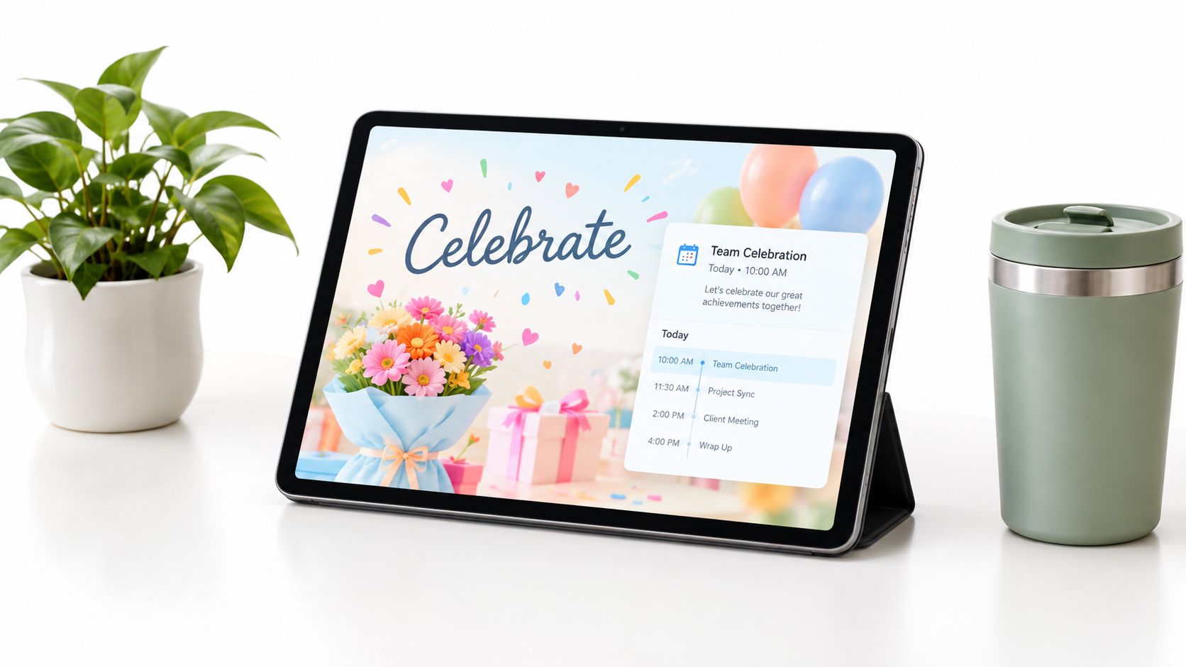 A digital tablet displaying a celebration-themed calendar schedule sits on a clean desk beside a plant.