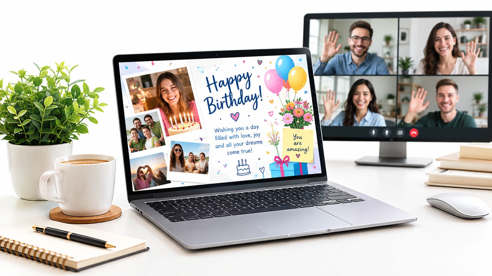 A laptop screen displaying a digital happy birthday greeting card on a desk with coffee and plants.