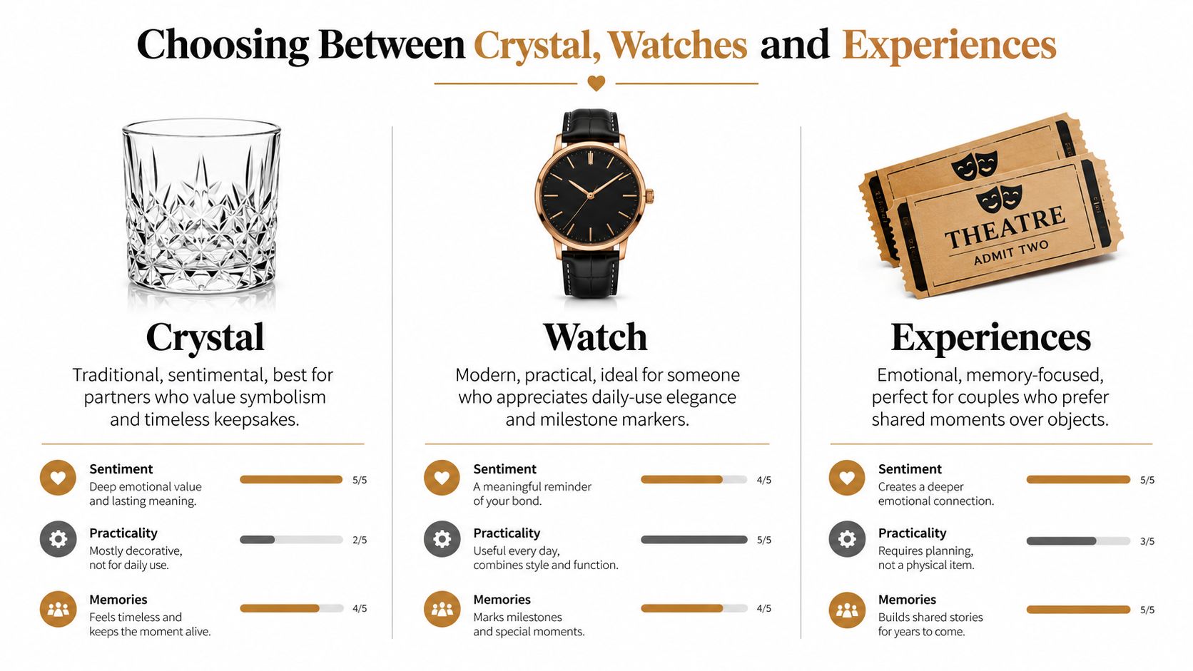 A comparison chart of 15 year anniversary gifts including crystal, watches, and shared experiences for couples.