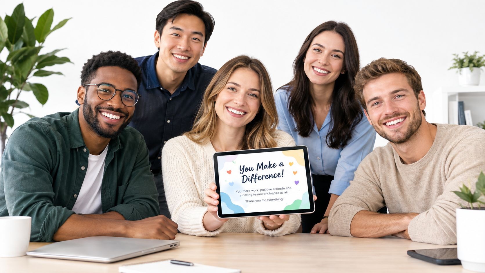 A diverse group of cheerful colleagues smiling while holding a digital tablet with a thank you message.