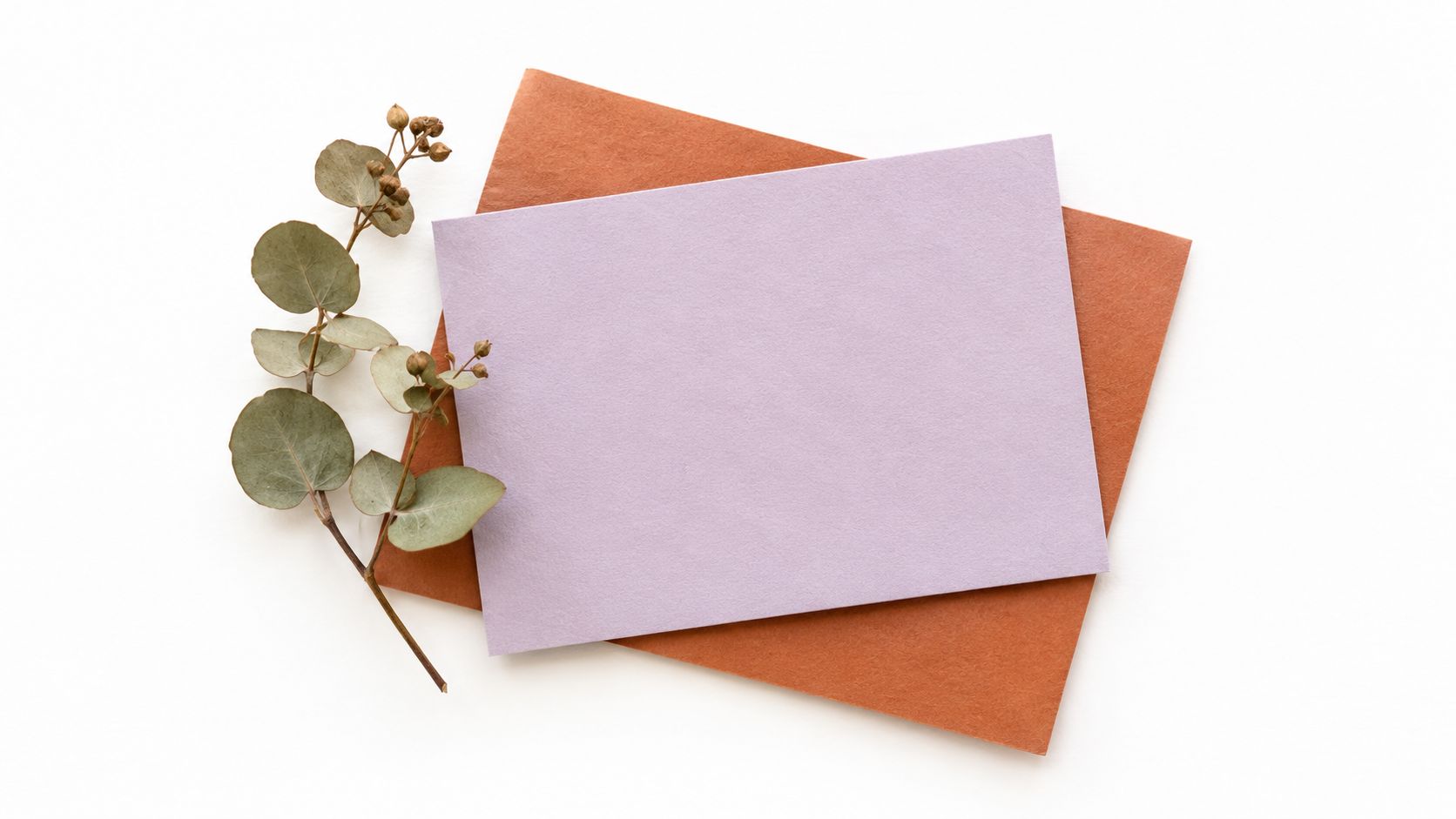 A minimalist flatlay featuring a lilac card on a brown envelope decorated with a dried eucalyptus branch.