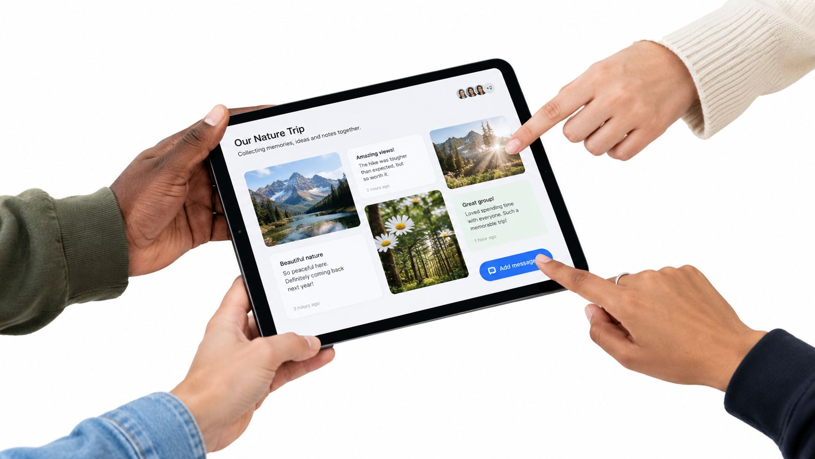 A diverse group of hands interacting with a tablet screen displaying a collaborative nature trip board.