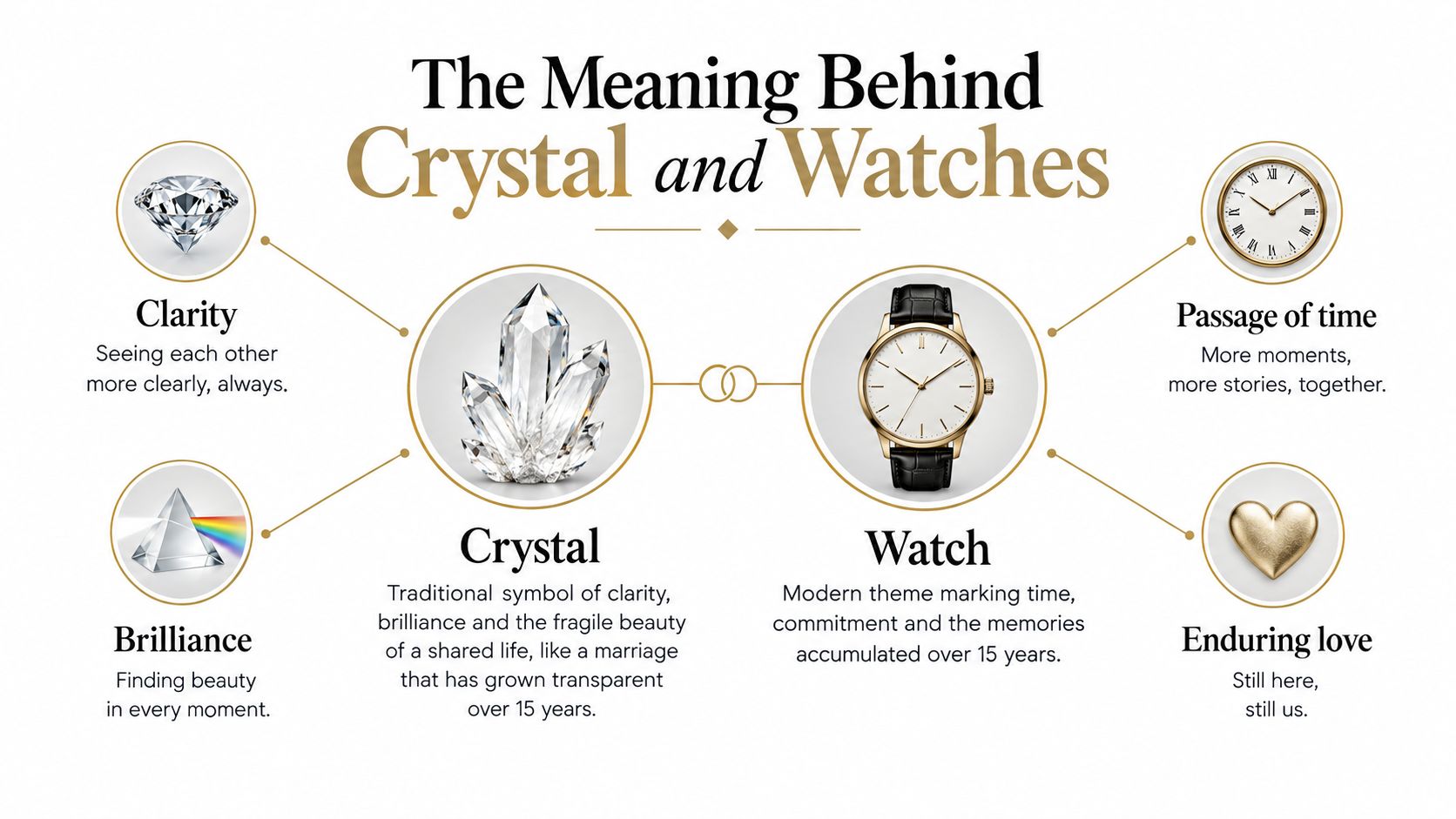 An infographic illustrating the symbolic meaning of crystals and watches as 15-year anniversary gifts for couples.