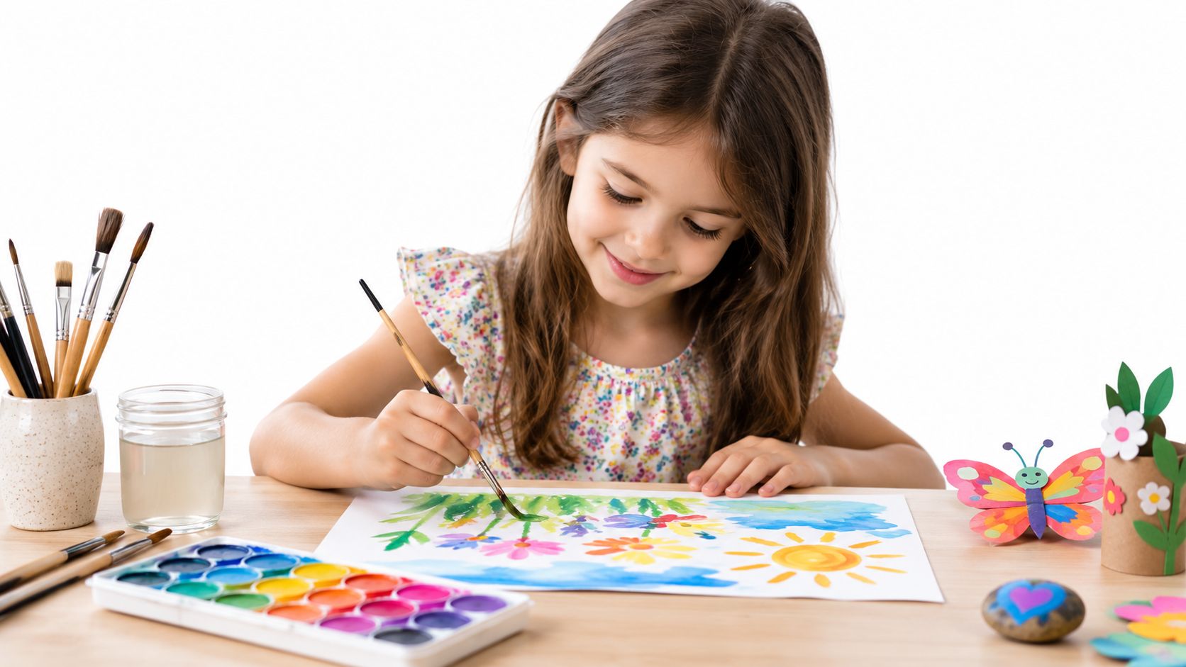 A happy young girl painting a vibrant spring landscape with watercolours at a wooden desk.