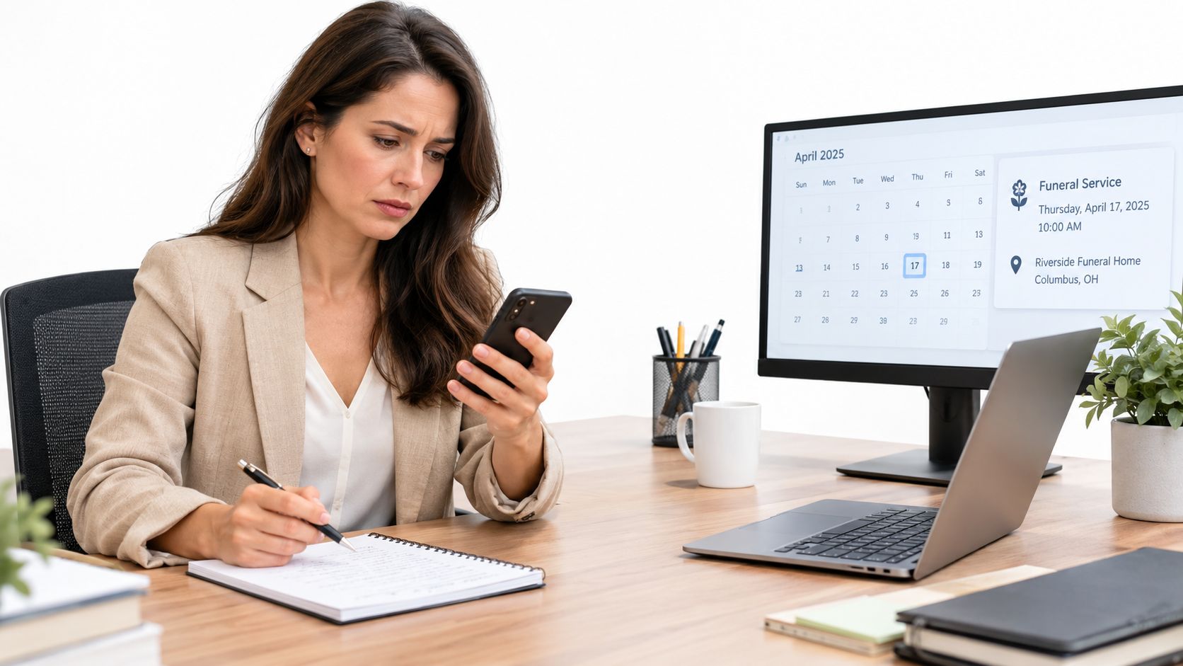 A professional woman sitting at her desk, looking stressed while checking her phone and writing in a notebook.