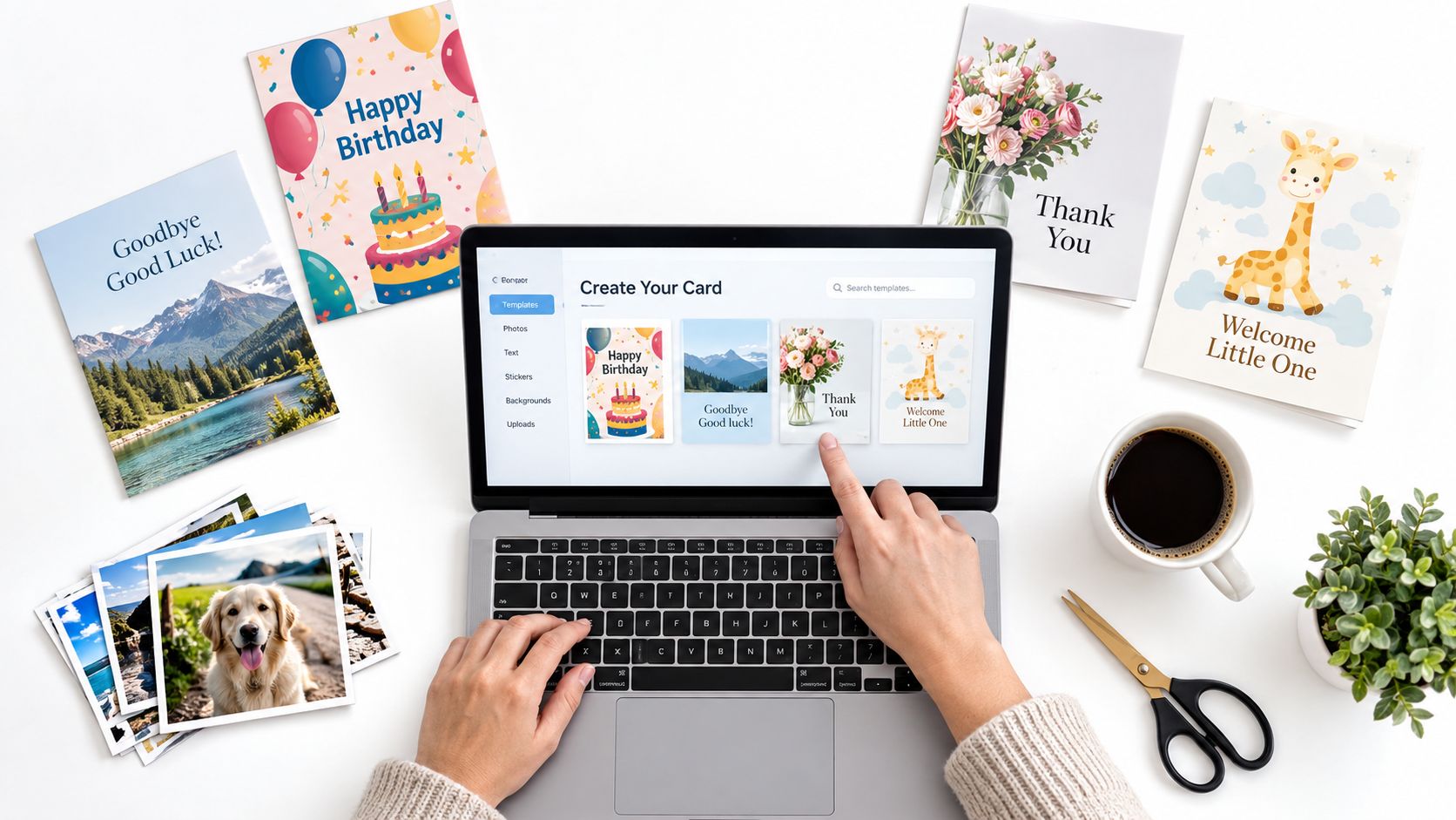 A person using a laptop to design greeting cards with a photo collage card maker software.