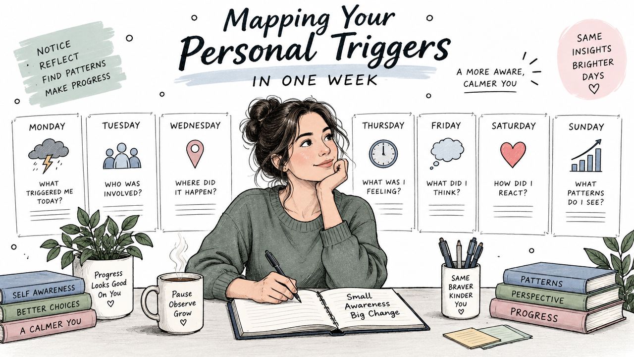 A woman sketching a weekly plan to map personal triggers for mental health and self-improvement awareness.