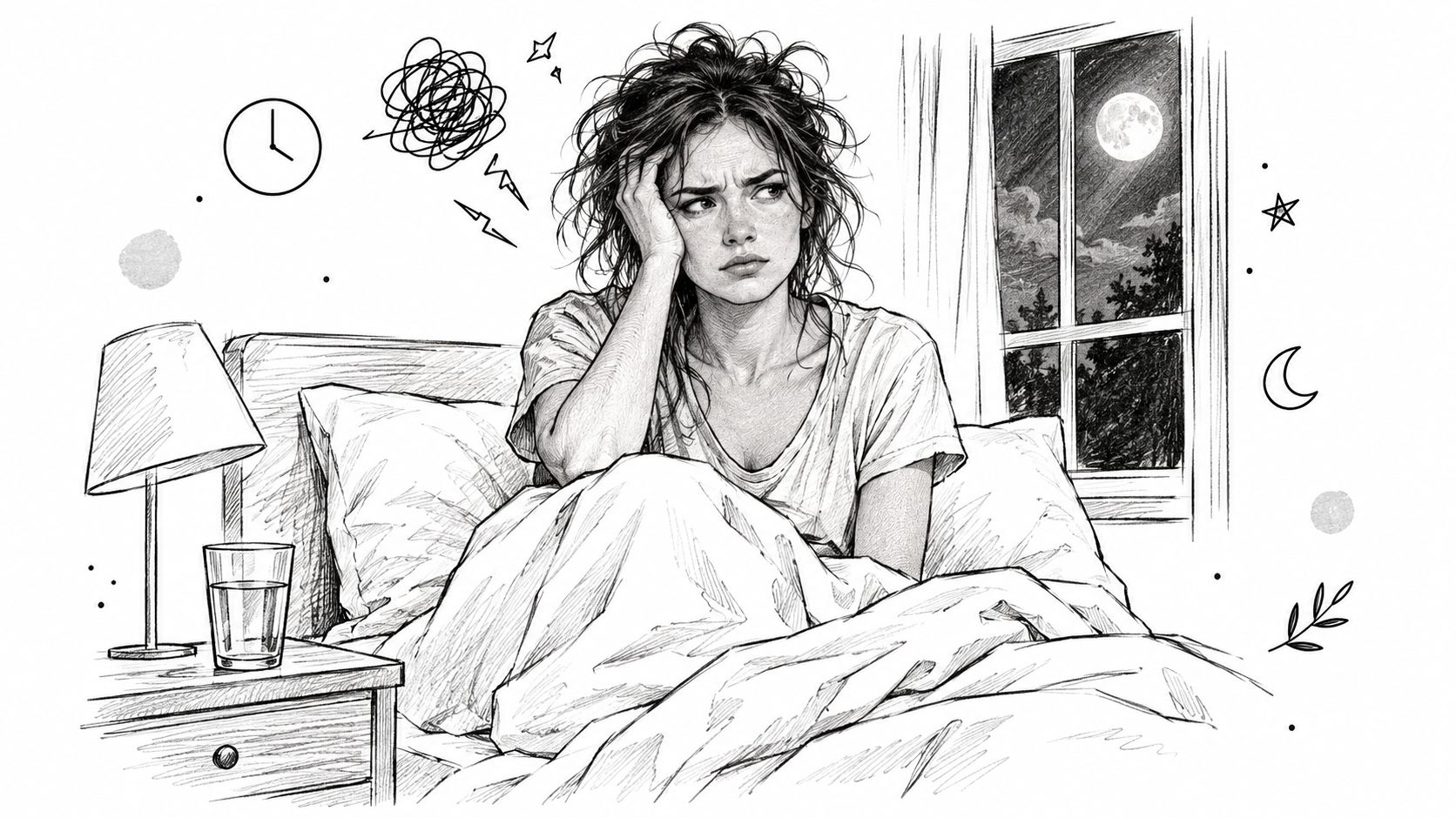 A charcoal-style sketch of a woman struggling with insomnia, sitting up in bed at night.