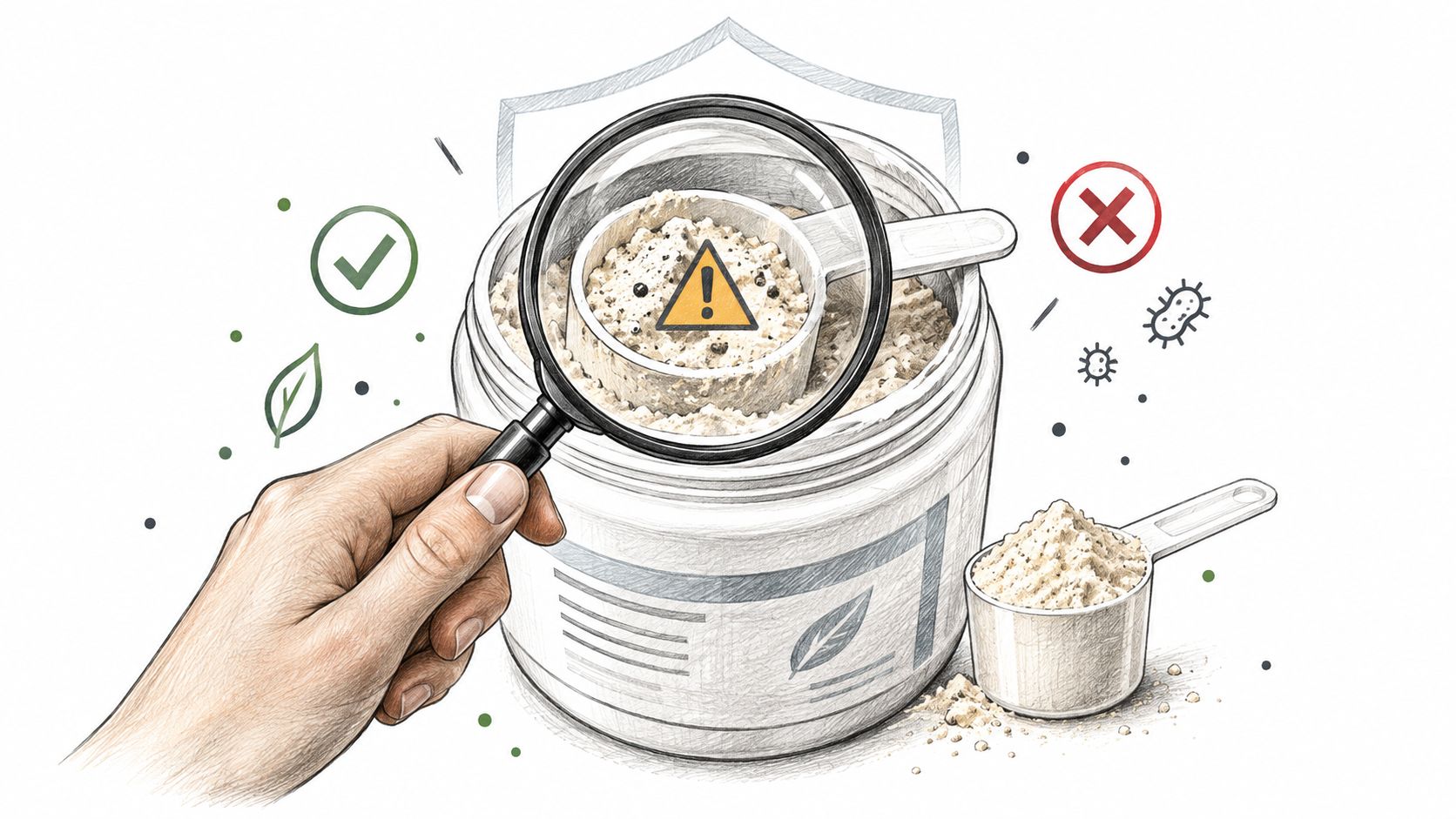 A hand holds a magnifying glass over a tub of protein powder with a warning sign icon.